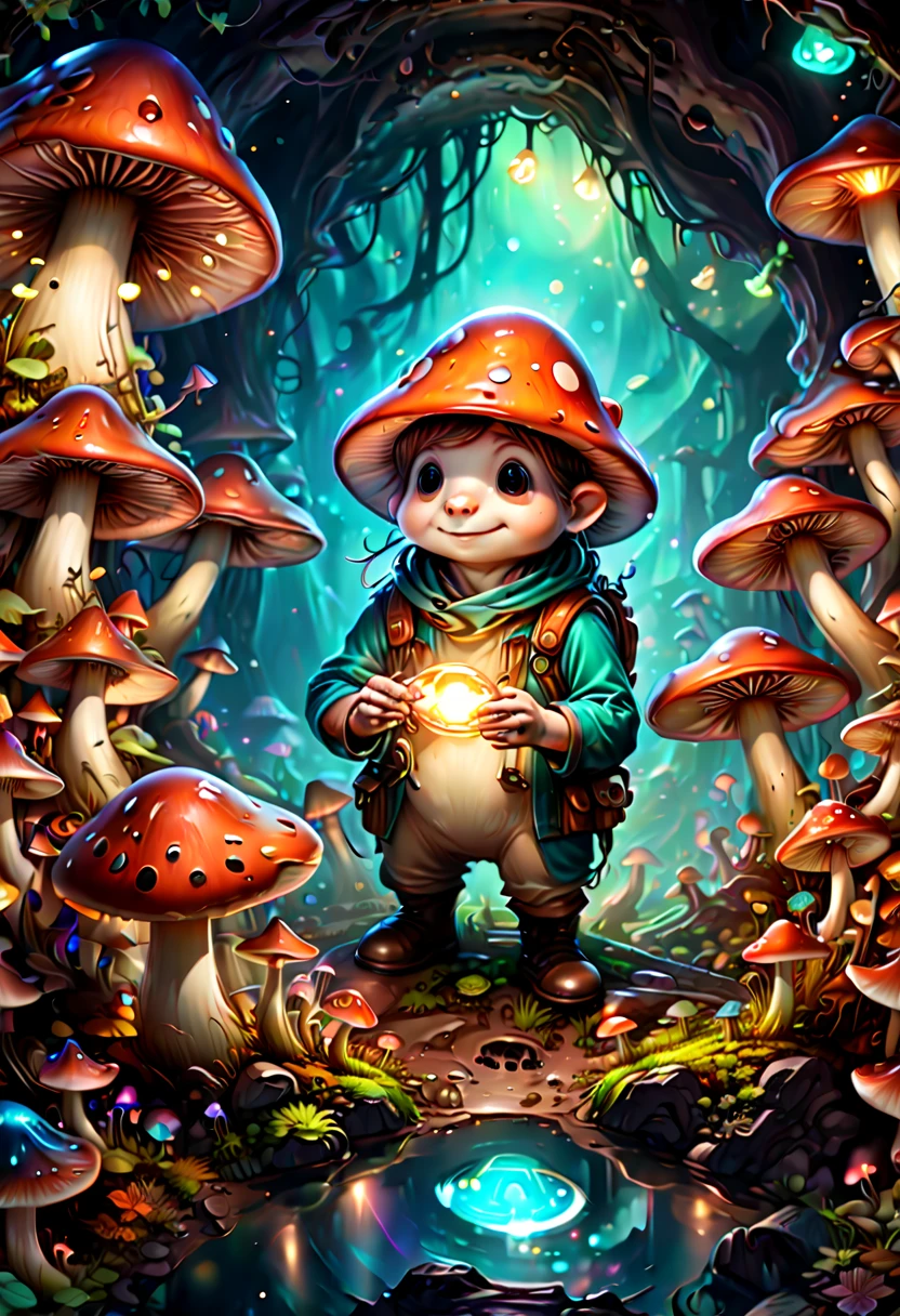 A cheerful mole miner gathering glowing mushrooms in a fairy ring circle deep in an underground cavern. Painterly illustration filled with bioluminescence, enhance, intricate, (best quality, masterpiece, Representative work, official art, Professional, Ultra high detail, 8k:1.3)