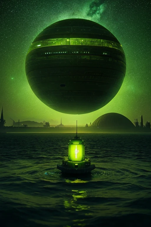 a large tank sitting on top of a body of water, a matte painting, by Chris Foss, deviantart, green radioactive glow, death star, profile pic, in a sci-fi shipping port
