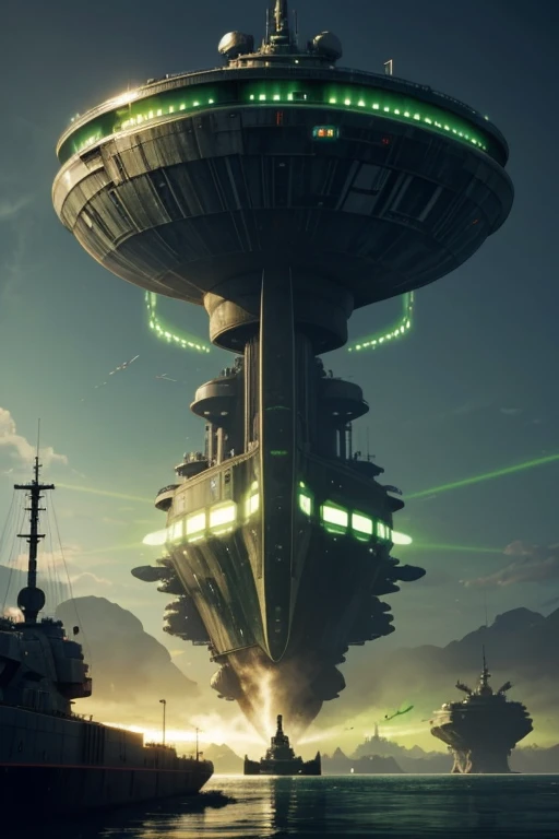 a large tank sitting on top of a body of water, a matte painting, by Chris Foss, deviantart, green radioactive glow, death star, profile pic, in a sci-fi shipping port
