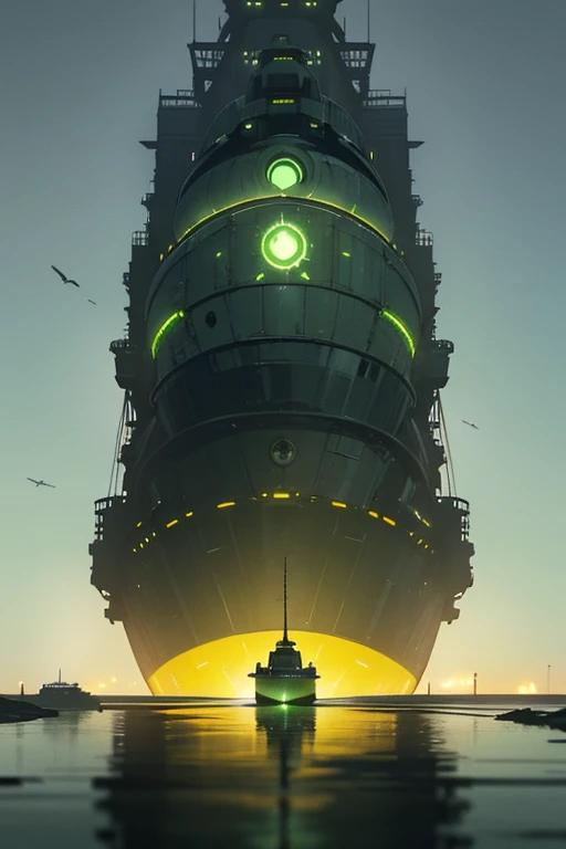 a large tank sitting on top of a body of water, a matte painting, by Chris Foss, deviantart, green radioactive glow, death star, profile pic, in a sci-fi shipping port
