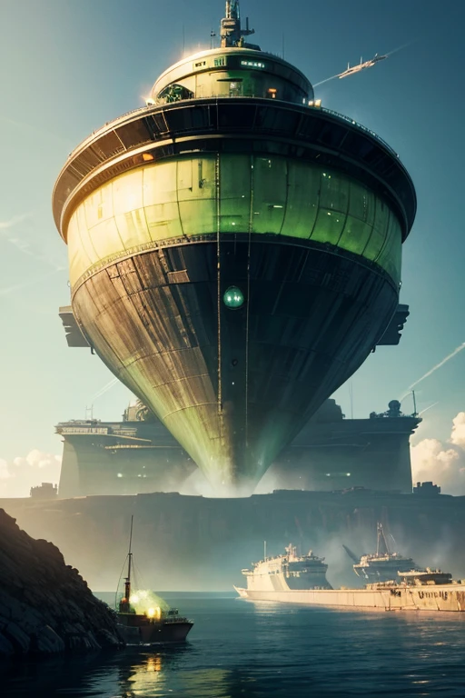 a large tank sitting on top of a body of water, a matte painting, by Chris Foss, deviantart, green radioactive glow, death star, profile pic, in a sci-fi shipping port
