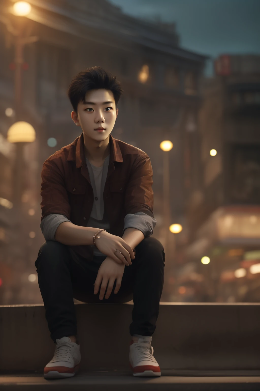 RAW photo, a portrait photo of 21 y.o man in casual clothes, night, city street, (high detailed skin:1.2), 8k uhd, dslr, soft lighting, high quality, film grain, Fujifilm XT3