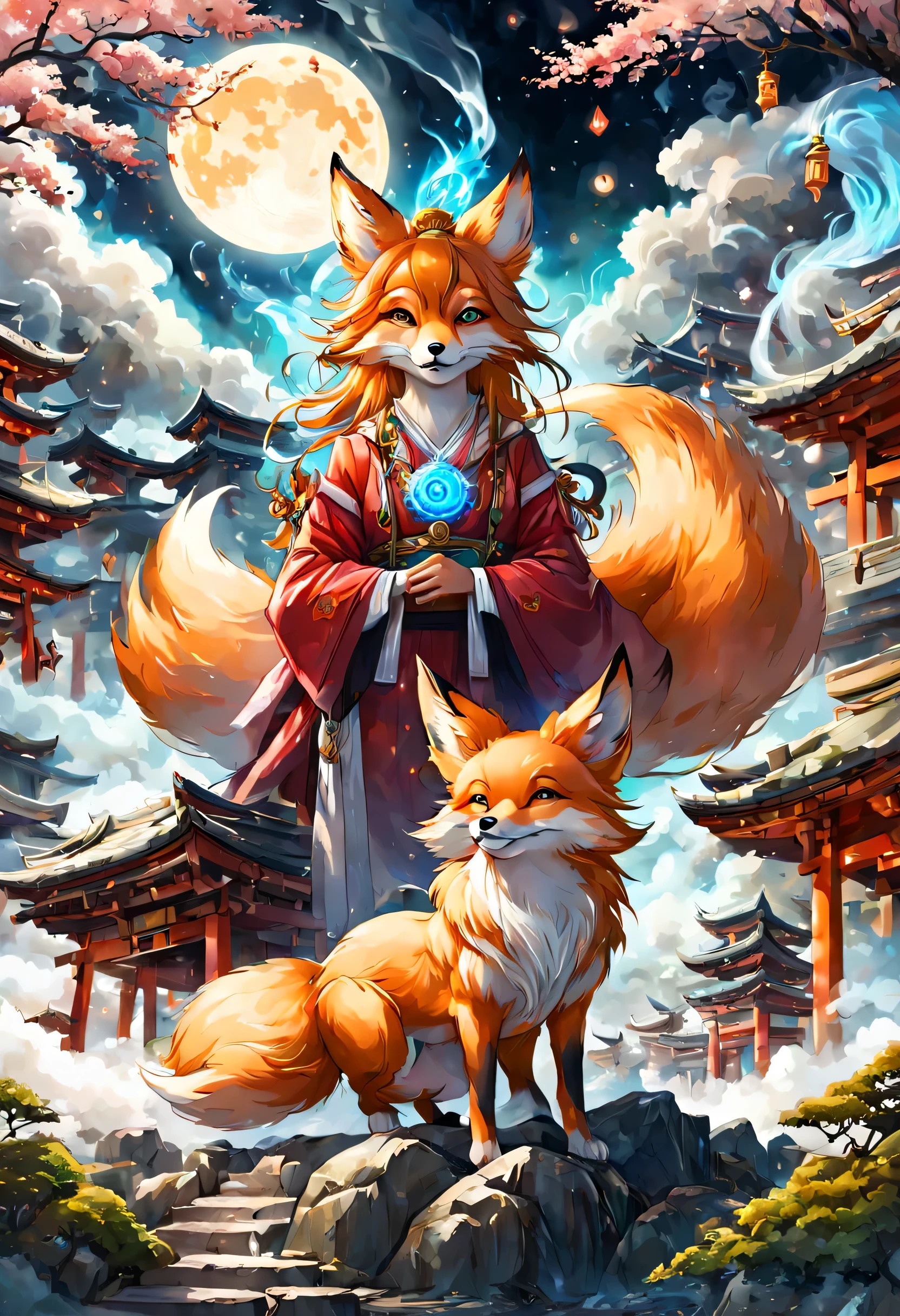 Magical creatures, Fox, magical Fox, (Fox with magical aura and white smoke), At the shrine, full moon in the background, (masterpiece), (highest quality), (Ultra high detail)