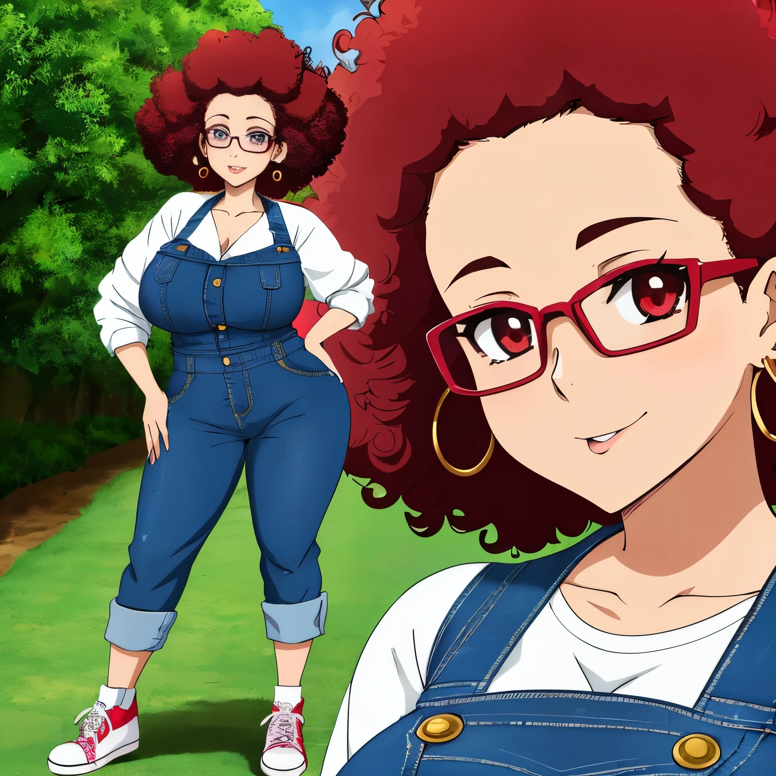 anime woman、highest quality:1.2),detailed face, lady、Glasses、berry shortcut、Afro、very short hair、curly hair、Forehead、Ribbon on the head、big earrings、passion、big breasts, big ass, Denim Jumpsuit、Connect、sneakers、whole body