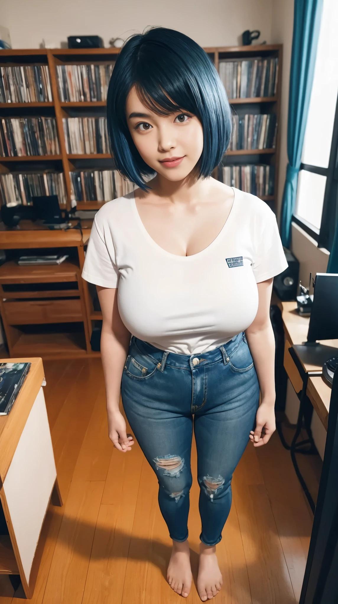 best quality, 1girl, ((looking at viewer)), dark blue hair, black eyes, very short hair, spiky hair, ahoge, t-shirt, high waisted jeans, 171cm, messy hair, hair between eyes, medium breasts, large breasts, plump, dark skin, tomboy, adult, 20 years old, 1girl, solo, sole, grin, wide hips, thighs, standing, messy room, bedroom, shelves, DVDs, books, video games, computer, CDs, vinyl records, VHS tapes,