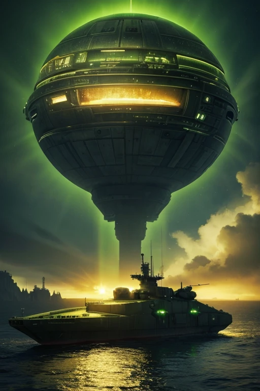 a large tank sitting on top of a body of water, a matte painting, by Chris Foss, deviantart, green radioactive glow, death star, profile pic, in a sci-fi shipping port
