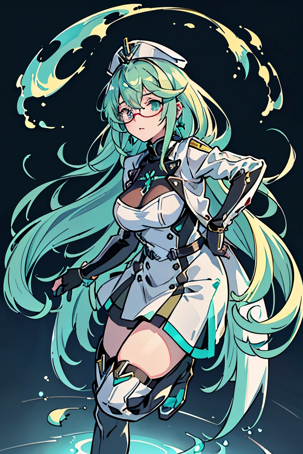 Anime, Girl, (((1girl))), (((Waifu, Xenoblade Chronicles 2, Pneuma Waifu))), (((Seafoam Green Hair, Long Hair))), ((Seafoam Green Eyes eyes:1.3, Upturned Eyes: 1, Perfect Eyes, Beautiful Detailed Eyes, Gradient eyes: 1, Finely Detailed Beautiful Eyes: 1, Symmetrical Eyes: 1, Big Highlight On Eyes: 1.2)), (((Lustrous Skin: 1.5, Bright Skin: 1.5, Skin Fair, Shiny Skin, Very Shiny Skin, Shiny Body, Plastic Glitter Skin, Exaggerated Shiny Skin, Illuminated Skin))), (Detailed Body, (Detailed Face)), Young, Idol Pose, (Best Quality), ((((Techwear))), (((Military Uniform))), (((Military Cap))), (((Military Coat))), (((Thigh-high Heeled Boots))), (((Reading Glasses))), (((Earrings)))) High Resolution, Sharp Focus, Ultra Detailed, Extremely Detailed, Extremely High Quality Artwork, (Realistic, Photorealistic: 1.37), 8k_Wallpaper, (Extremely Detailed CG 8k), (Very Fine 8K CG), ((Hyper Super Ultra Detailed Perfect Piece)), (((Flawlessmasterpiece))), Illustration, Vibrant Colors, (Intricate), High Contrast, Selective Lighting, Double Exposure, HDR (High Dynamic Range), Post-processing, Background Blur