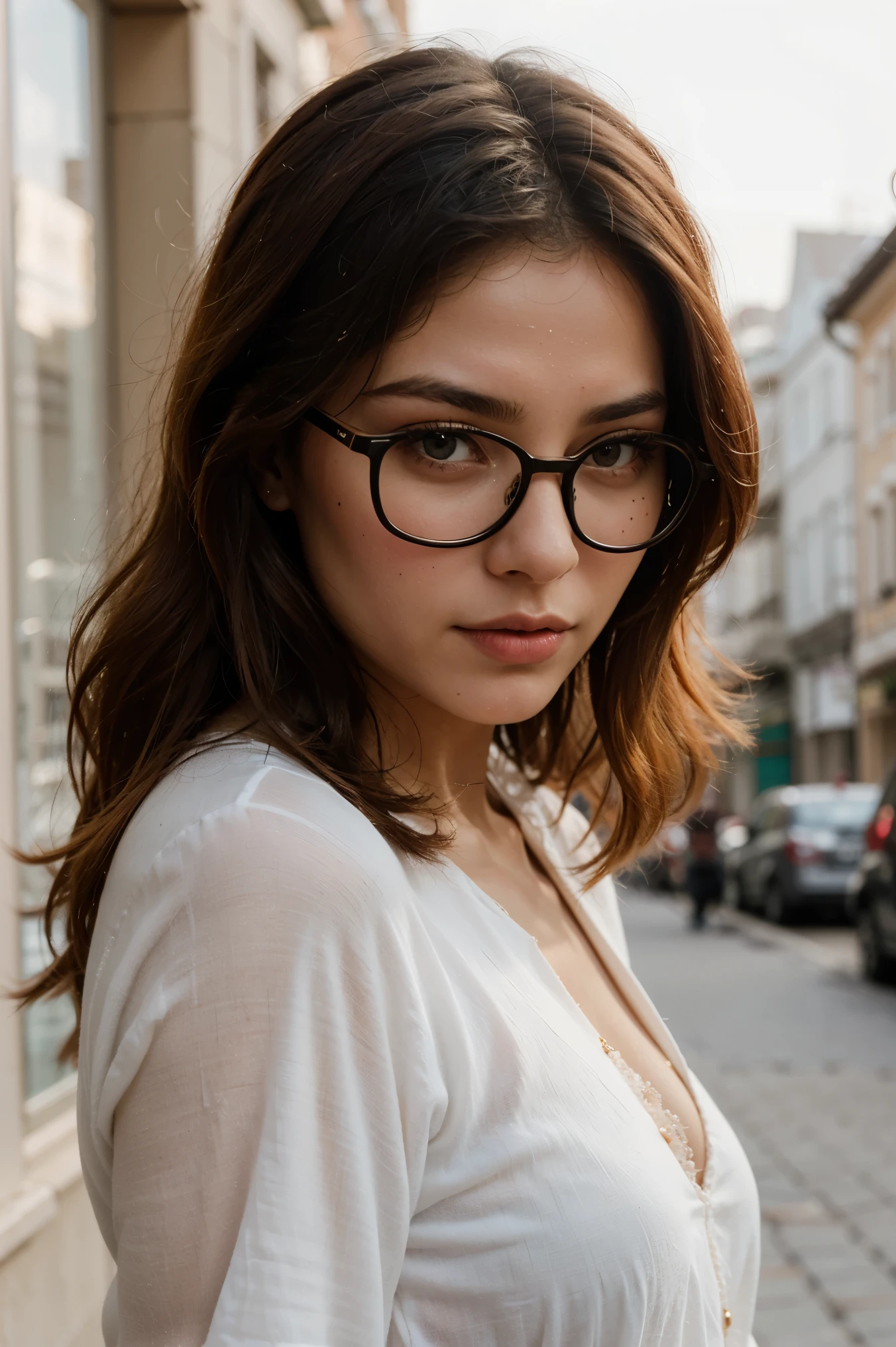 Portrait of a beautiful blonde uzbekistan woman, red hair and glasses