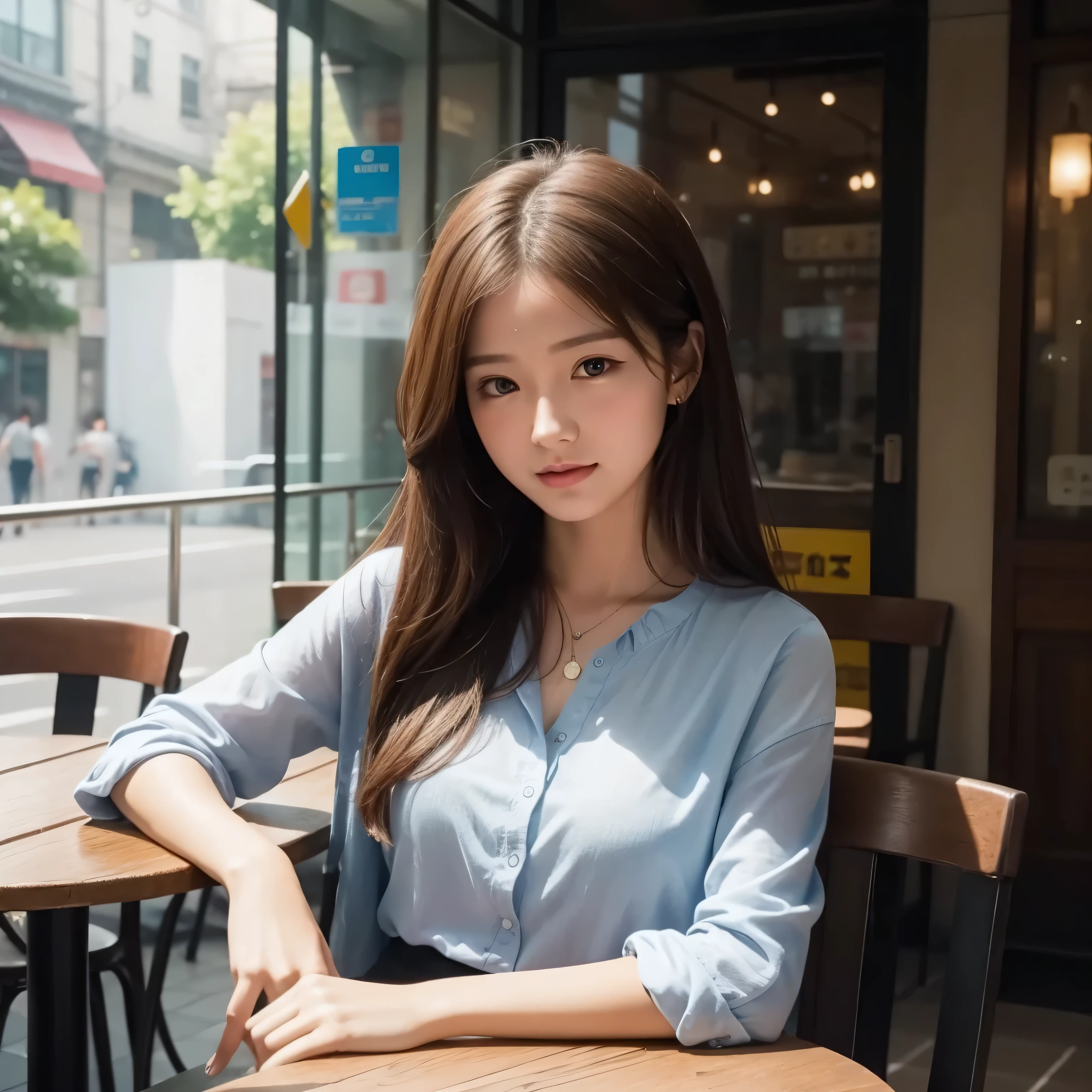Beautiful young woman sitting in a street cafe in Wuhan, Portrait of William Heinlettz, Watercolor, Wet and splash techniques, center alignment, Perfectly configured, abstract, surreal