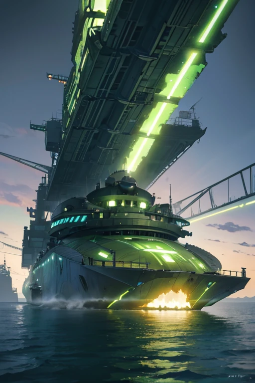 a large tank sitting on top of a body of water, a matte painting, by Chris Foss, deviantart, green radioactive glow, death star, profile pic, in a sci-fi shipping port
