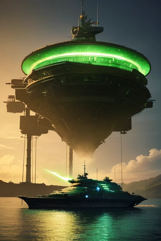 a large tank sitting on top of a body of water, a matte painting, by Chris Foss, deviantart, green radioactive glow, death star, profile pic, in a sci-fi shipping port