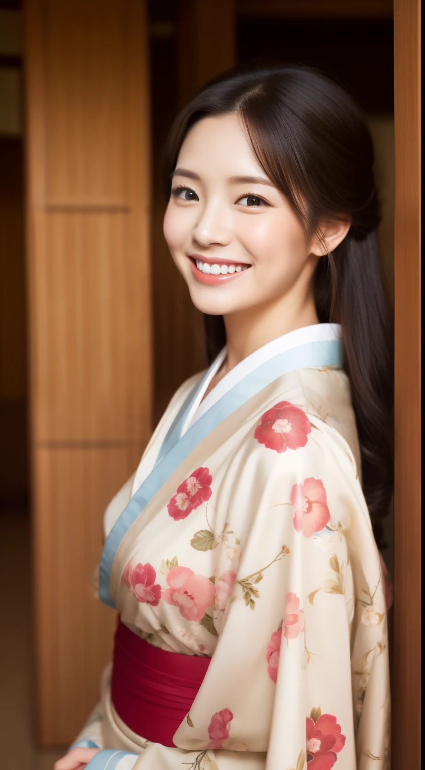 charming face of hostess、Floral Japan kimono、hiquality、A hyper-realistic、healthy、Smiling expression、Slender perfect figure、Japan Beauties、 perfect eyes beautiful skin、The upper part of the body、Shrines and temples