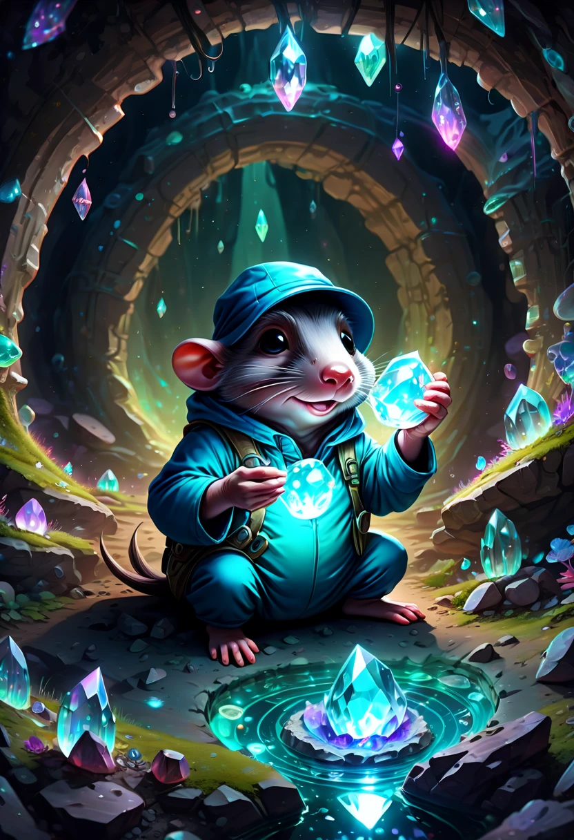 A cheerful (mole) miner gathering glowing crystal in a fairy ring circle deep in an underground cavern. Painterly illustration filled with bioluminescence, enhance, intricate, (best quality, masterpiece, Representative work, official art, Professional, Ultra high detail, 8k:1.3)