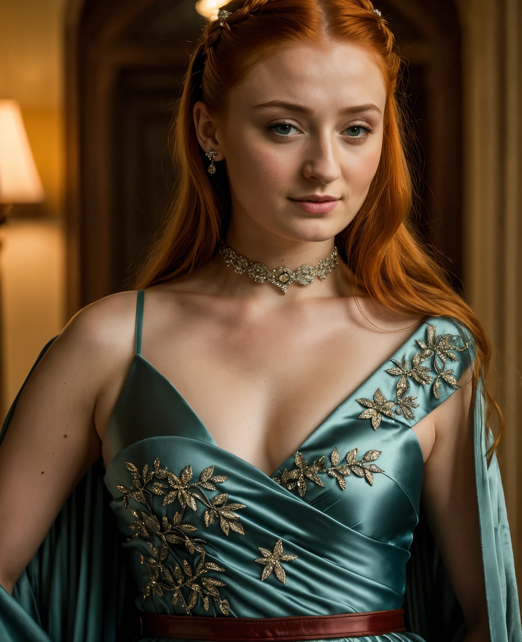 Foto RAW, Sansa Stark PLAYED BY SOPHIE TURNER Ned and Cat's oldest daughter. Demure and ladylike, her dream to marry Prince Joffrey. Her direwolf named Lady , Game of Thrones Series, (pele altamente detalhada: 1.2), 8k UHD, DSLR, soft-lighting, alta qualidade, grain of film, Fujifilm XT3