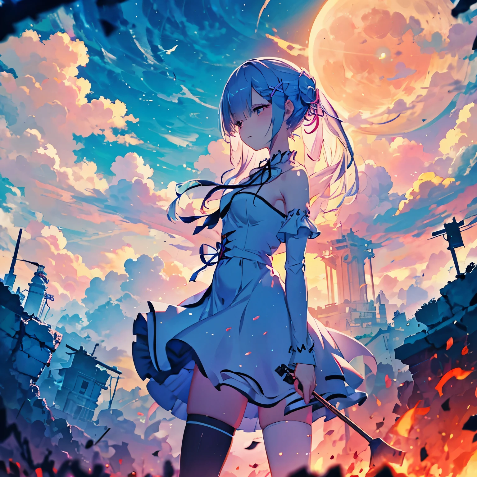 Re:zero, Rem, a cute girl, アニメ風, Ultra-detailed, best quality, post apocalypse background, standing on a large pile of rubble in the back, surroundings clearly visible, frightening, backlit, shadow, blue, night, full moon, mysterious, tattered maid clothes, pale color