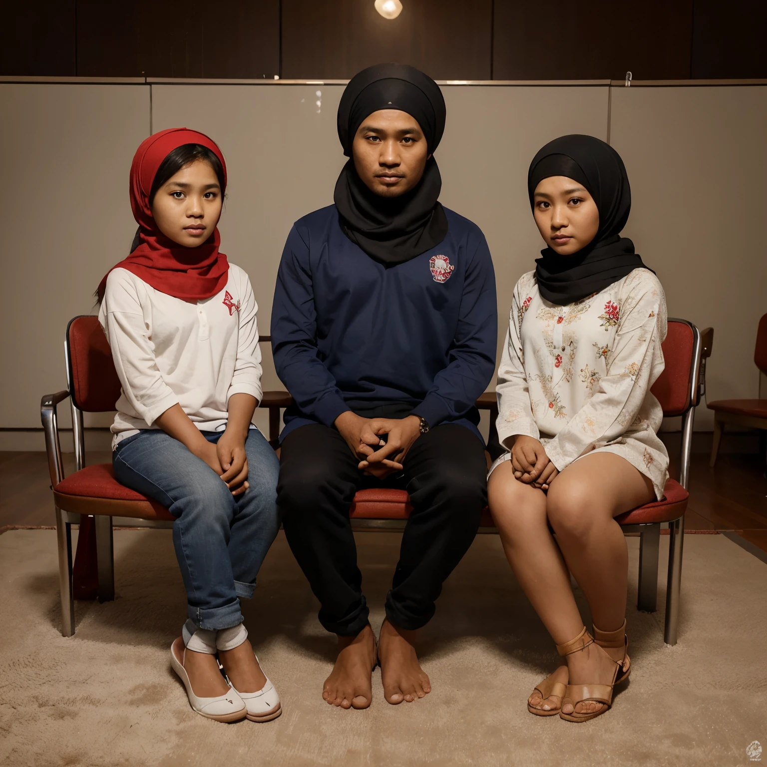 studio photo of an Indonesian family. a 35 year old man wearing a baseball cup style hat. a woman wearing a headscarf. 2 girls aged 13 years and 3 years old, wearing hijabs. they were all sitting on chairs. plain background. realistic.
