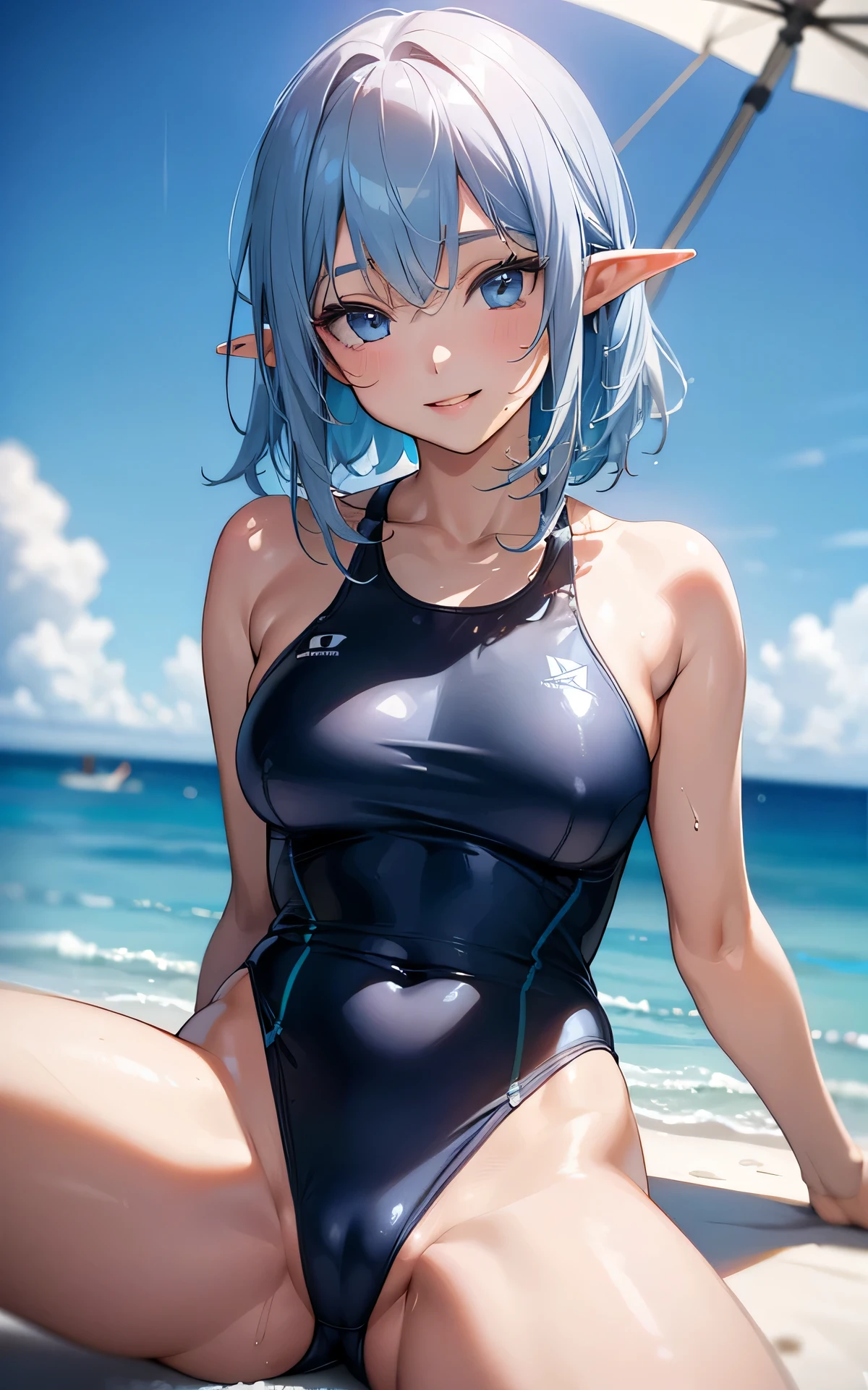 absurderes:2.0、(( on float ring, spread legs)), blue sky Beach, realistic, Unity 8K Wallpaper, Masterpiece, Realistic face, Realistic skin feeling ,detailed hair, highly detailed, realistic glistening skin, detailed background, oily skin, (high-key lighting、Front Light:1.3、 dramatic angle), (solo, sexy ,25 year old elf、blue swim race suit:1.5、), glossy lip, seductive smile, gray hair