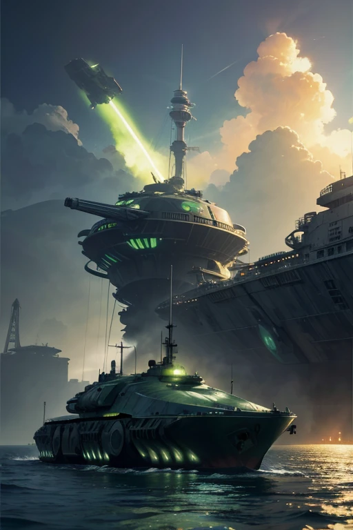 a large tank sitting on top of a body of water, a matte painting, by Chris Foss, deviantart, green radioactive glow, death star, profile pic, in a sci-fi shipping port
