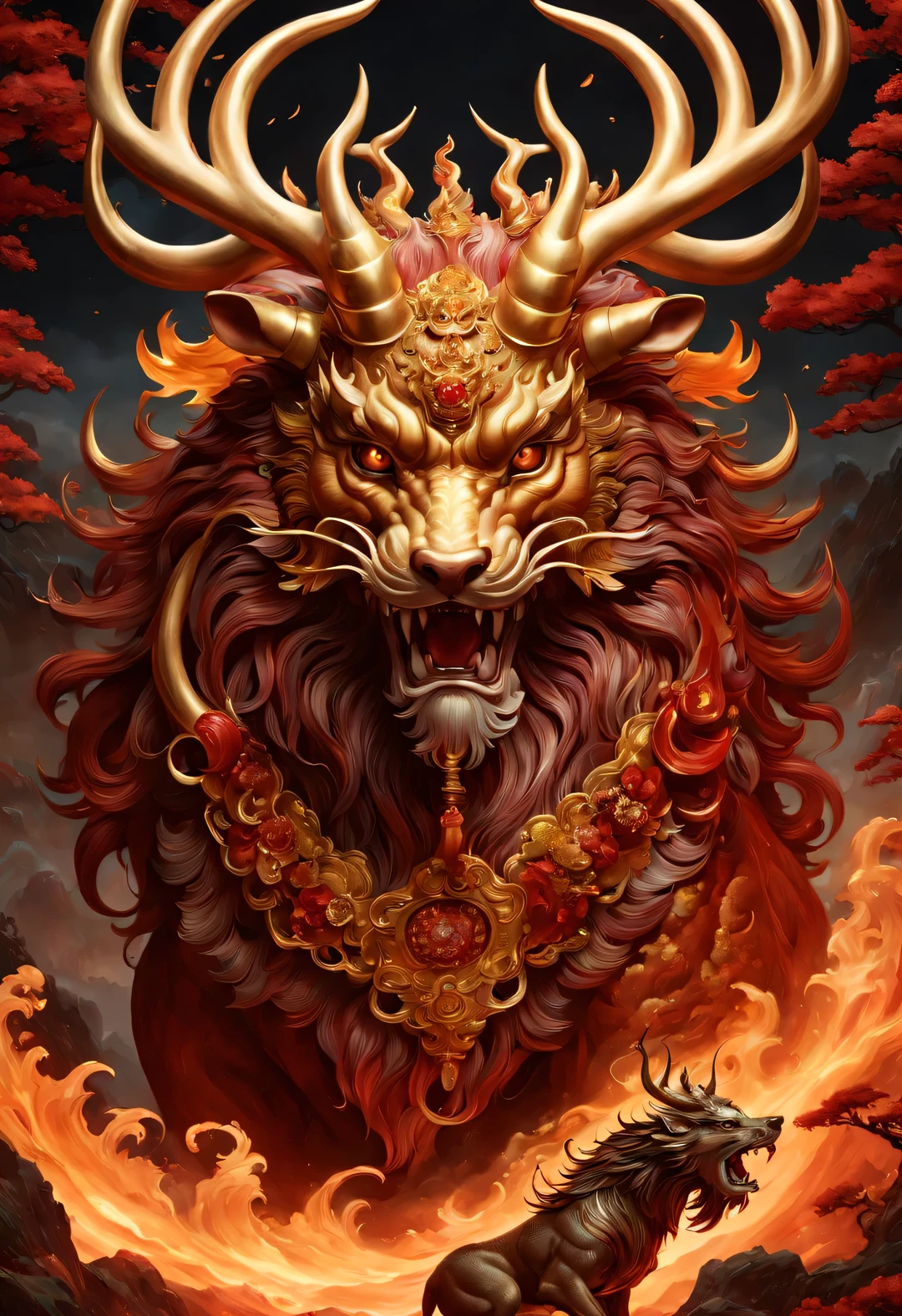 Highly detailed beautiful deep red ancient Chinese mythological lovely unicorn mythical beast, antlers, Deer body, scale, ushio, tiger eye, beautiful beard, Panorama, flame, gold and gems, Chinese mythological style, bioluminescence, flash, glow effect wallpaper, author: Zhong Fenghua, guangjian huang, Xu Zhelong, tian-hua xu, Peter Mohrbacher, Ruan Jia, Lange Yanagon, Akiya Keiichi, Ayami Kojima, Joseph Leondek, Defeat Ngai, Sintan rendering, Film lighting 8k, high-definition HD