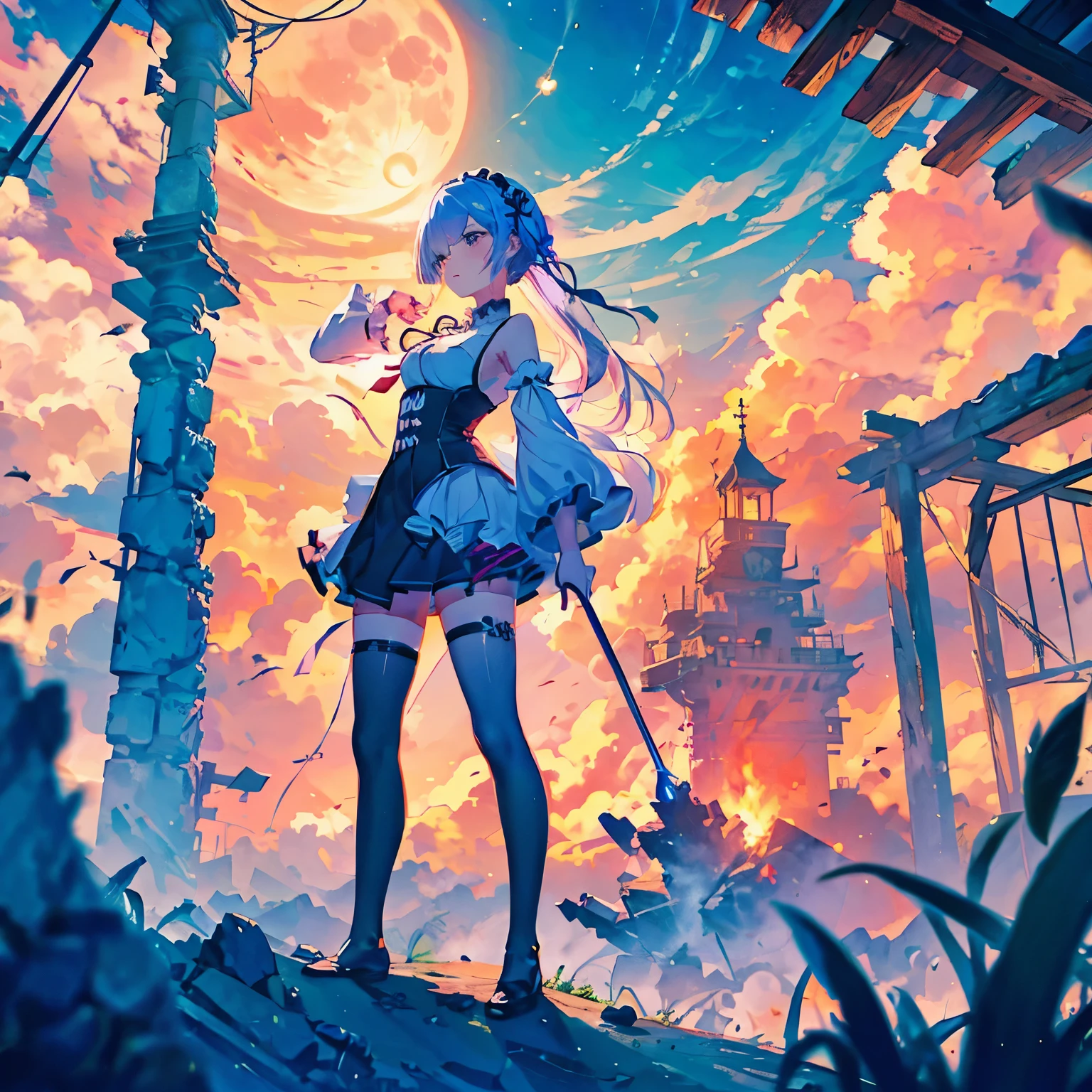 Re:zero, Rem, a cute girl, アニメ風, Ultra-detailed, best quality, post apocalypse background, standing on a large pile of rubble in the back, surroundings clearly visible, frightening, backlit, shadow, blue, night, full moon, mysterious, tattered maid clothes, pale color