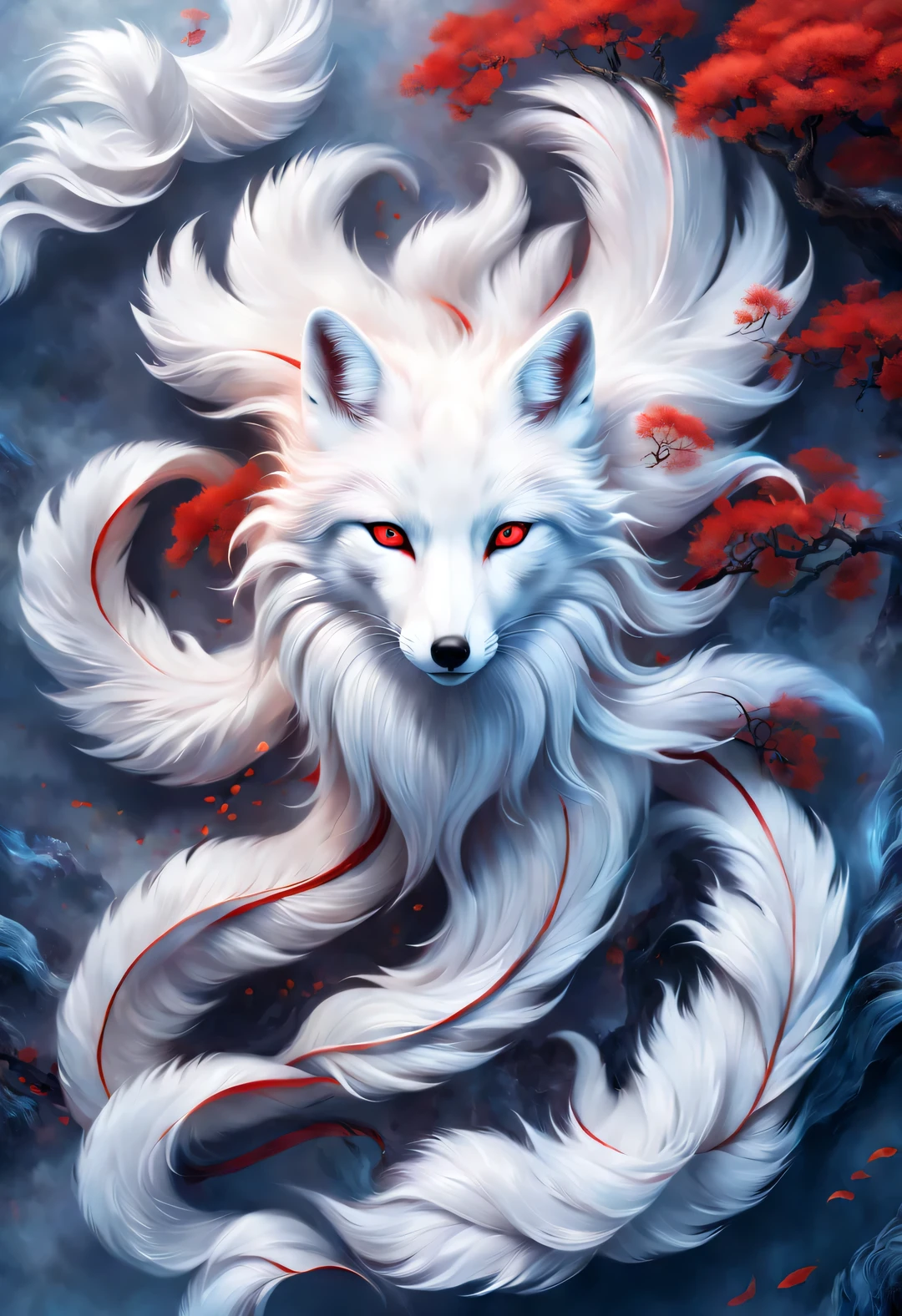 (A white fox with nine red tails in ancient Chinese mythology, Mountain and Sea Sutra), long hair, Mysterious legends, Chinese mythology, Gorgeous and beautiful hair, （blue eyes）, concept art, illustration, 8k, Smooth, clear focus,