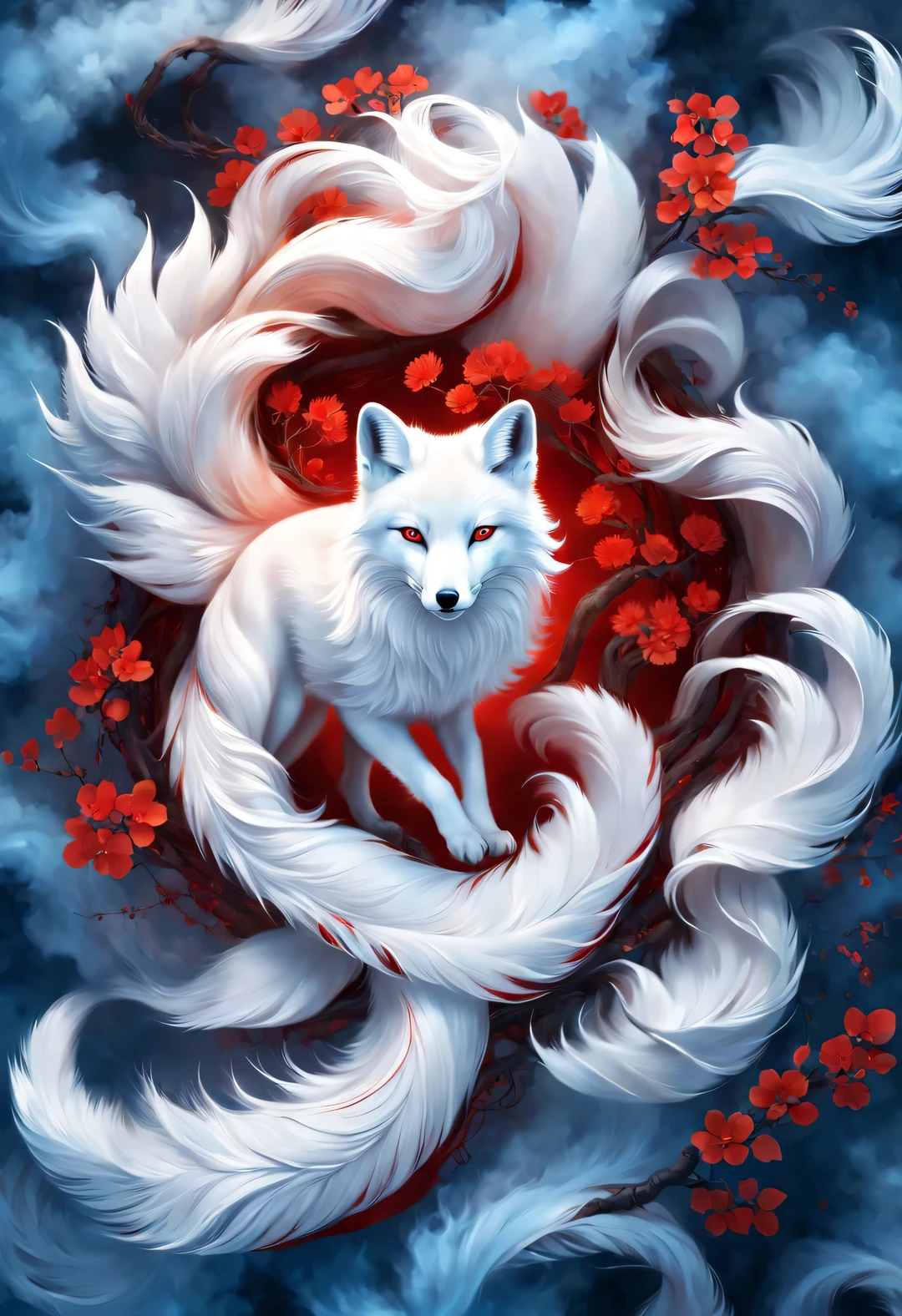 (A white fox with nine red tails in ancient Chinese mythology, Mountain and Sea Sutra), long hair, Mysterious legends, Chinese mythology, Gorgeous and beautiful hair, (blue eyes), concept art, illustration, 8k, Smooth, clear focus,