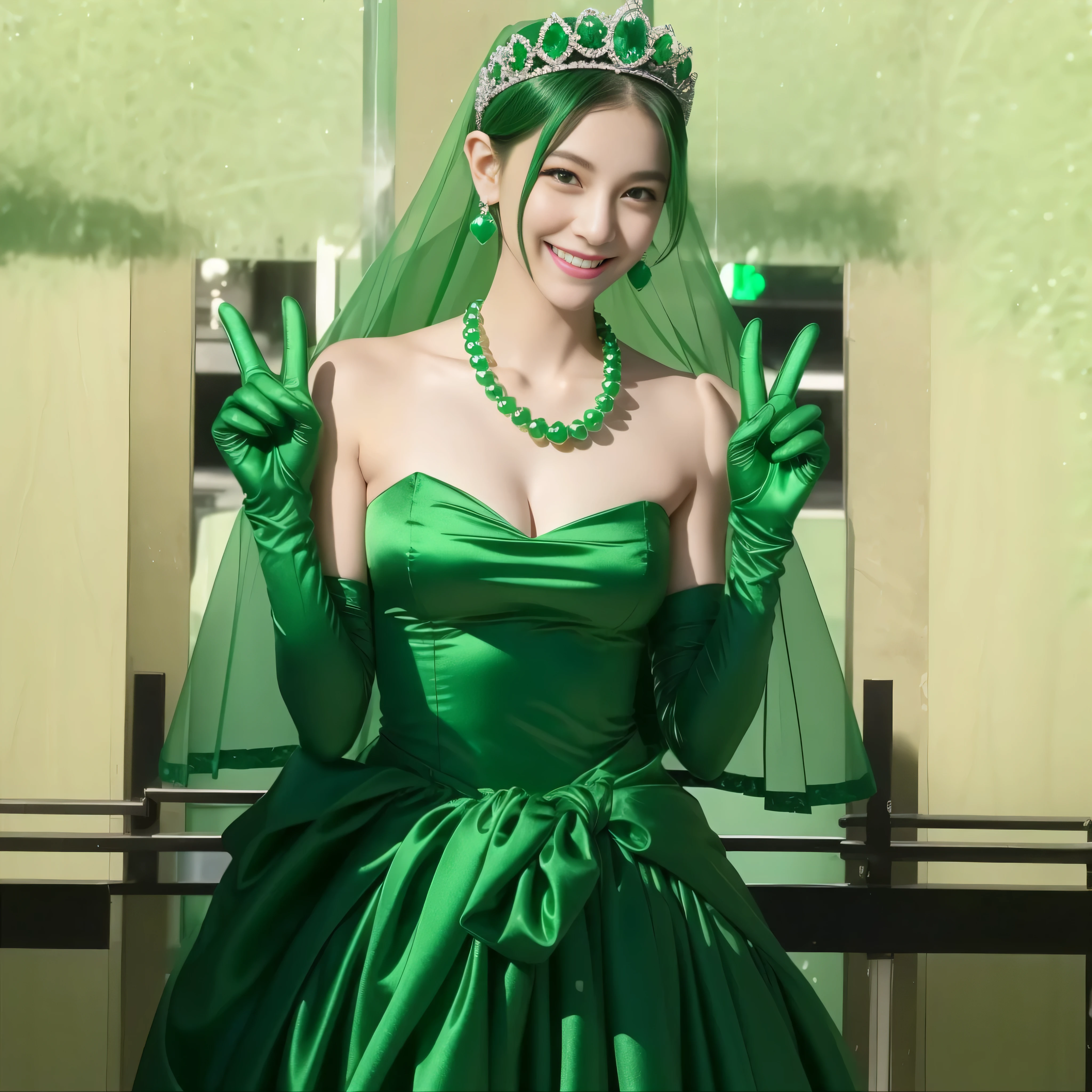 emerald tiara, green pearl necklace, boyish very short green hair, lipstick, smiling Japanese woman, very short hair, big breasts beautiful, green eyes, Long Green Satin Gloves, green eyes, V sign, emerald earrings, green veil
