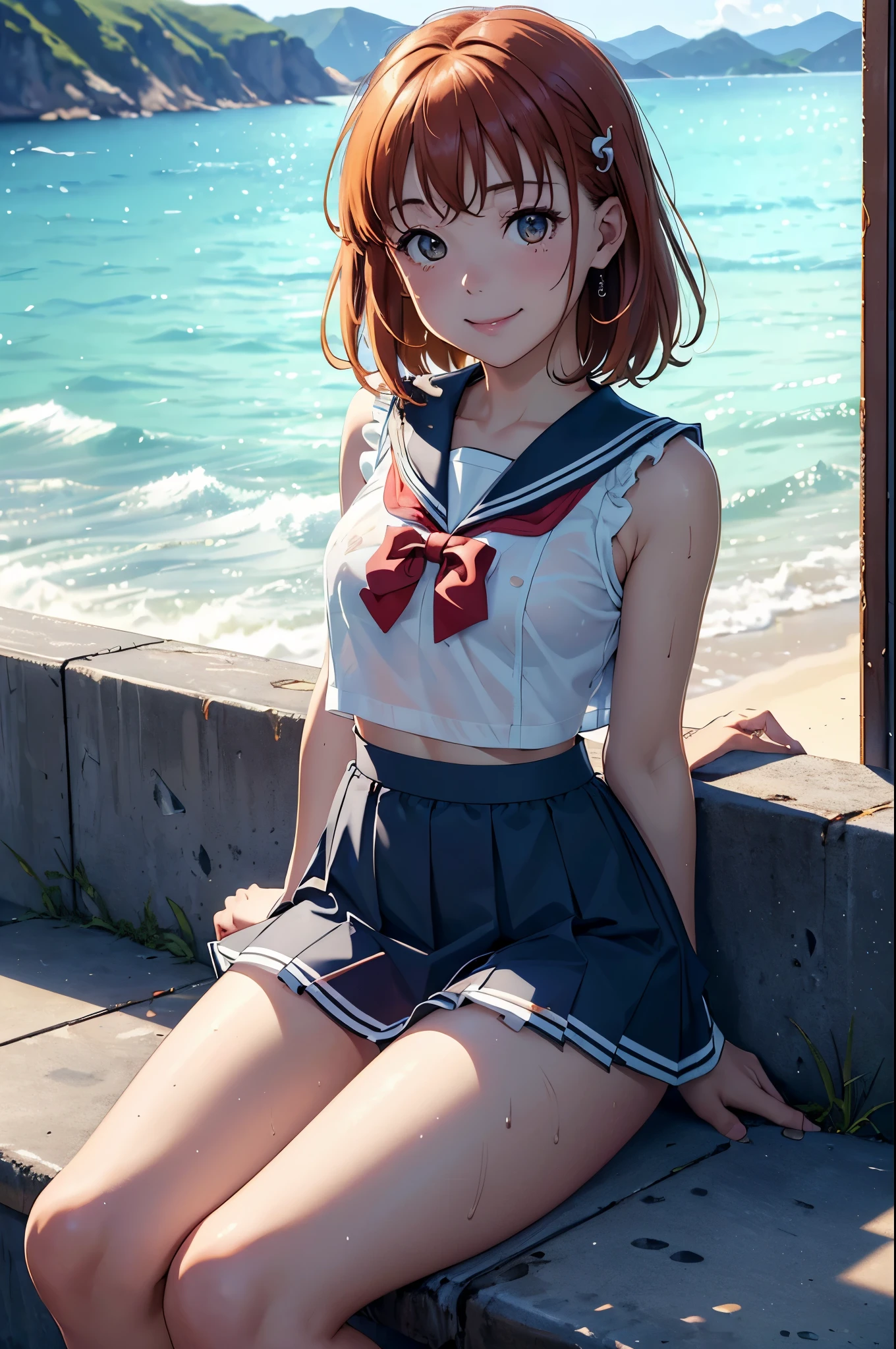 (best quality,4k,8k,highres,masterpiece:1.2), ultra-detailed, on knees, sitting,arms behind back,takami chika, sailor top, school skirt, midriff,  slightly excited and smile, sleeveless, thighs, cowboy shot, hair ornament, random pose,sea in background,wet clothes, (transparent disappearing clothes)