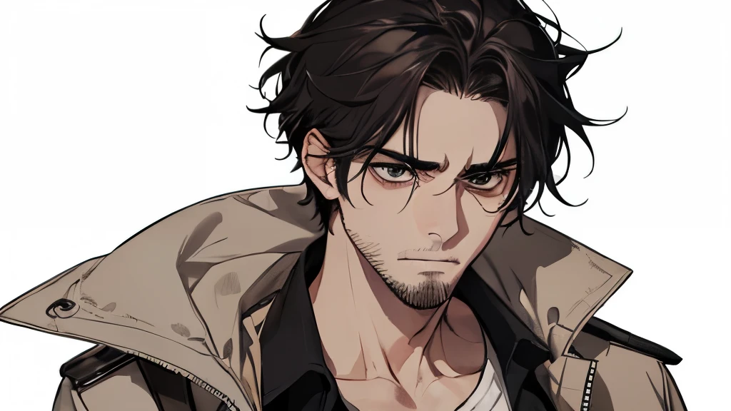 A man, unkempt, tired, haggard, stubble,bags under the eyes, untidy, disheveled, black hair, stubble, pale, sick, white background, brown jacket, messy, sad