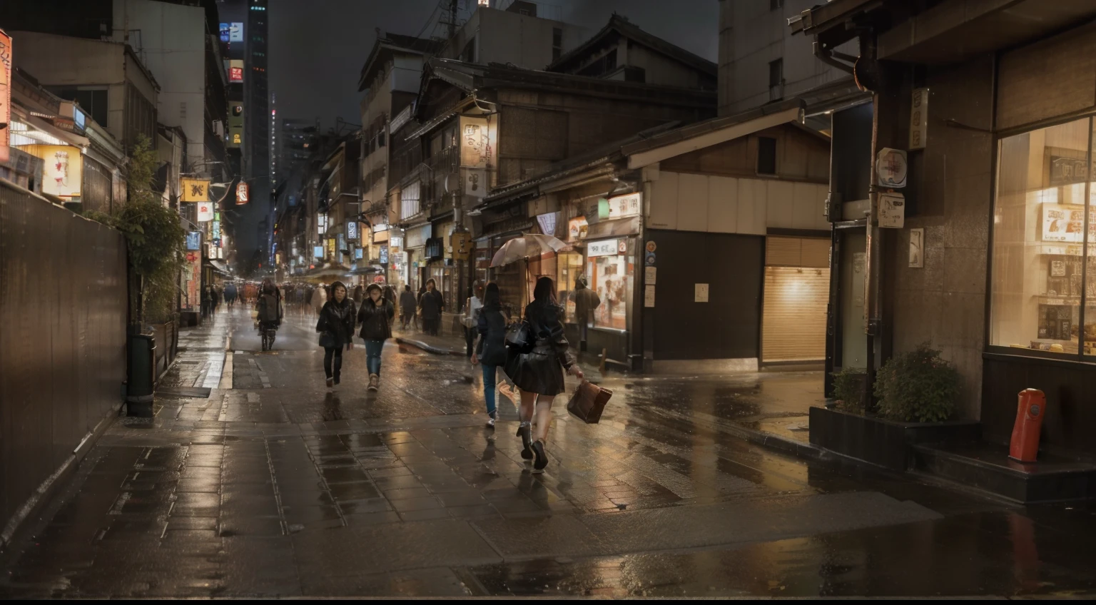 beautiful japan girl walking down tokyo street in the middle of the night walking towards the viewer, heavy rain is falling, large and wide street, very crowded street, wearing leather jacket and tight fitting jeans, slim waist, big breasts, 8k, high res, photorealistic, full body in view, night street, music festival, many people, crowd, music festival at night, vibrant, rock, peoples,