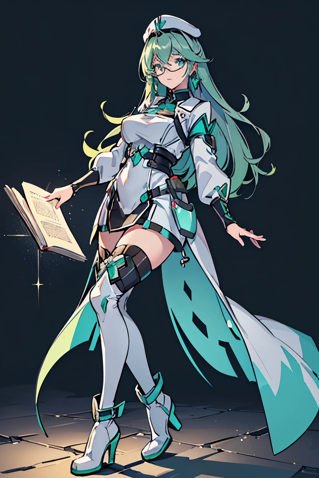 Anime, Girl, (((1girl))), (((Waifu, Xenoblade Chronicles 2, Pneuma Waifu))), (((Seafoam Green Hair, Long Hair))), ((Seafoam Green Eyes eyes:1.3, Upturned Eyes: 1, Perfect Eyes, Beautiful Detailed Eyes, Gradient eyes: 1, Finely Detailed Beautiful Eyes: 1, Symmetrical Eyes: 1, Big Highlight On Eyes: 1.2)), (((Lustrous Skin: 1.5, Bright Skin: 1.5, Skin Fair, Shiny Skin, Very Shiny Skin, Shiny Body, Plastic Glitter Skin, Exaggerated Shiny Skin, Illuminated Skin))), (Detailed Body, (Detailed Face)), Young, Idol Pose, (Best Quality), ((((Techwear))), (((Military Uniform))), (((Military Cap))), (((Military Coat))), (((Thigh-high Heeled Boots))), (((Reading Glasses))), (((Earrings)))) High Resolution, Sharp Focus, Ultra Detailed, Extremely Detailed, Extremely High Quality Artwork, (Realistic, Photorealistic: 1.37), 8k_Wallpaper, (Extremely Detailed CG 8k), (Very Fine 8K CG), ((Hyper Super Ultra Detailed Perfect Piece)), (((Flawlessmasterpiece))), Illustration, Vibrant Colors, (Intricate), High Contrast, Selective Lighting, Double Exposure, HDR (High Dynamic Range), Post-processing, Background Blur