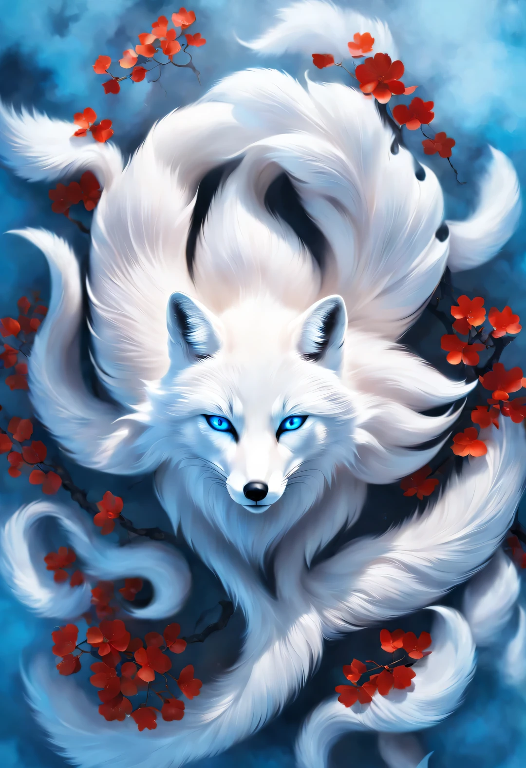 (A white fox with nine red tails in ancient Chinese mythology, Mountain and Sea Sutra), long hair, Mysterious legends, Chinese mythology, Gorgeous and beautiful hair, (blue eyes), blue eyes, clear fox paw, concept art, illustration, 8k, Smooth, clear focus,