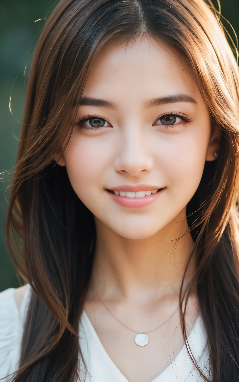 masterpiece, Best Quality, 8K, 1 girl, 20 yo, closed mouth, happy smile, close-up, Close-up of face, Solo, Cute, Girly, Delicate girl, Neat and clean beauty, Raw photo, Professional Photography, Portrait, Soft light, Professional Lighting, Back lighting, look away, avert your eyes, Sophisticated, Film grain, (Eyes and faces with detailed:1.0), medium length floating hair, Beautiful flowing hair,