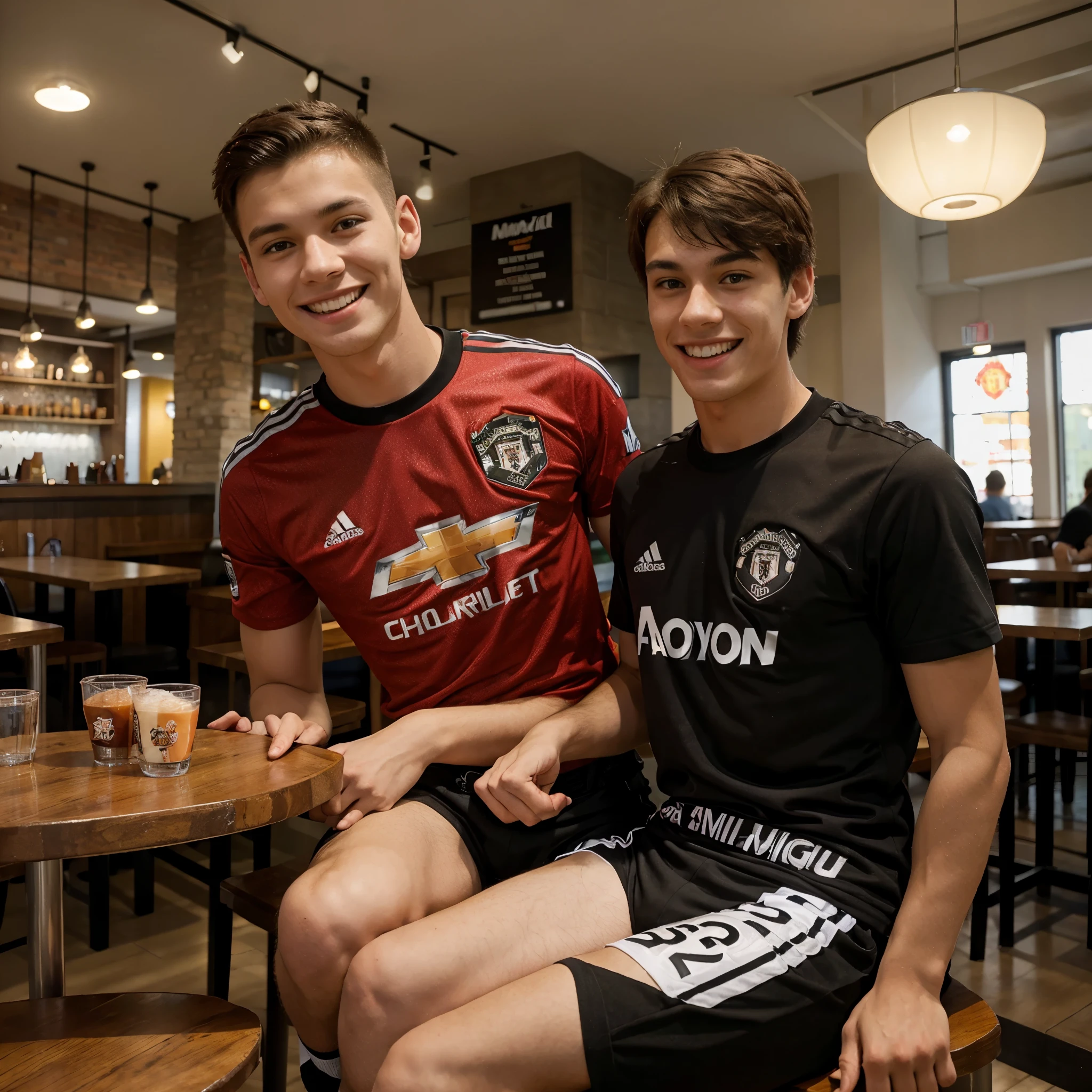 a young man 152 height wearing a Manchester United shirt with Michael names on his back shirts, sitting in a cafe with nice pose and normal smile