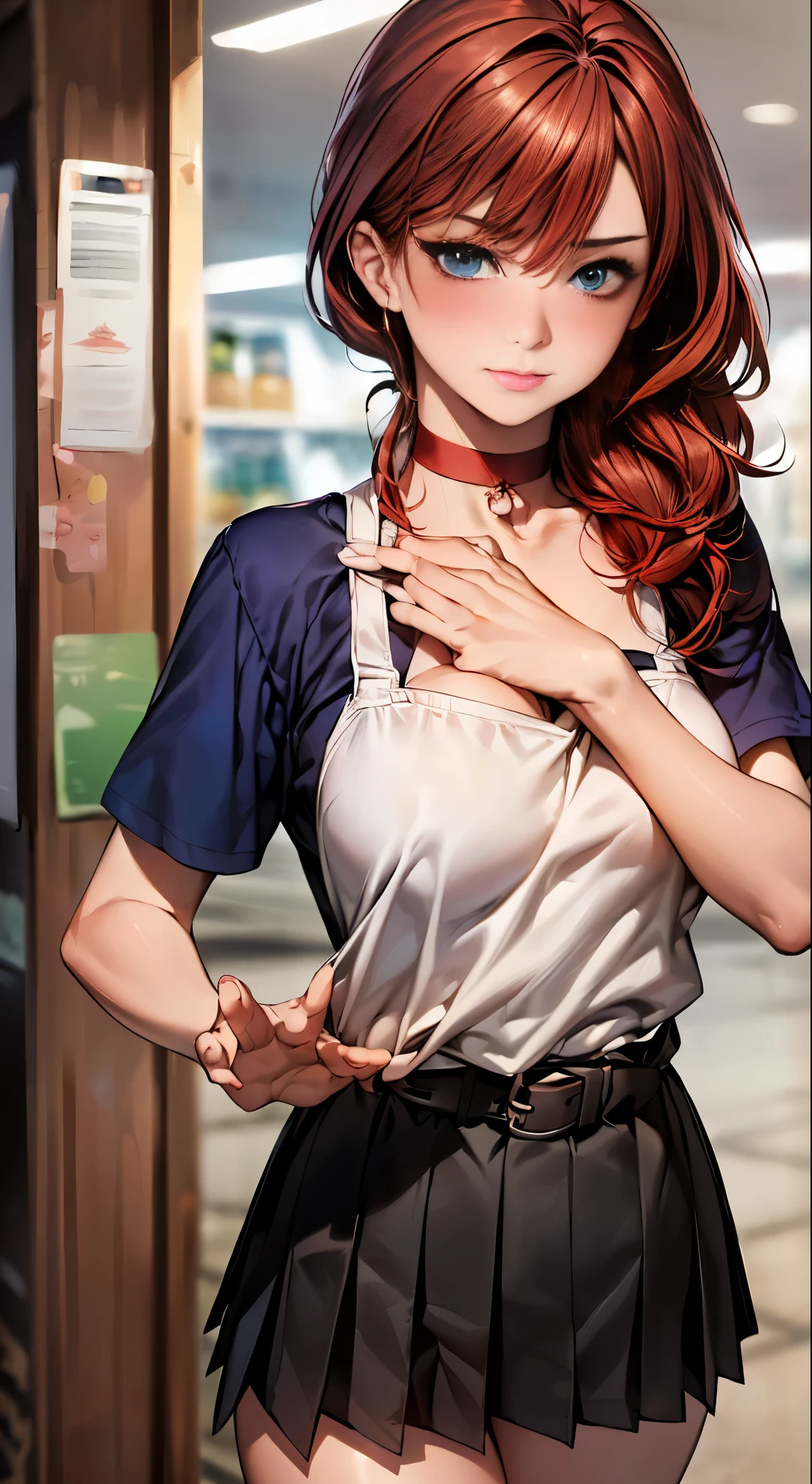 (masterpiece:1.2, highest quality), (realistic, photorealistic:1.4), beautiful illustrations, 
looking at the viewer, whole body, Front view:0.6, 
1 female, Japanese, ((medium red hair:1.5, hair combing gesture:1.7)), blown hair, bangs, hair between eyes, big breasts, 
beautiful hair, beautiful face, beautiful and detailed eyes, (blue eyes:1.3), beautiful clavicle, beautiful body, beautiful breasts, beautiful thighs, beautiful feet, beautiful fingers, (Inside a convenience store:1.4),
((Short sleeve shirt with white and green striped collar, green pleated skirt, belt, black chest apron:1.3, choker)), white panties, 
(Are standing, rub your chest), 
(glare at the viewer while blushing:1.3)