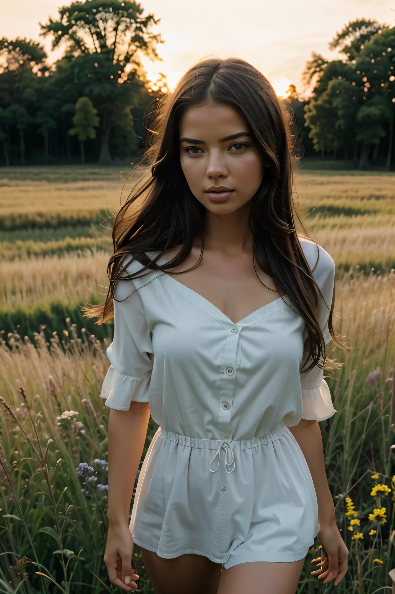 Adriana Lima, model visage parfait, Visage impeccable, avec des traits du visage symétriques, visage parfait et yeux, nettoyer beau visage symétrique, Des traits du visage parfaits, Nettoyez parfaitement le visage symétrique, magnifique visage attrayant, cheveux blonds épais, chaude menue, Fille ukrainienne, brun-blond-cheveux joli visage, Dasha Taran, Adriana Lima, A beautiful double exposure that combines the silhouette of a beautiful girl walking and a meadow at sunset, where the meadow at sunset serves as the basic background and the details are the silhouette of a beautiful girl, crisp lines, The background is monochrome, sharp focus, double exposure, by yukisakura