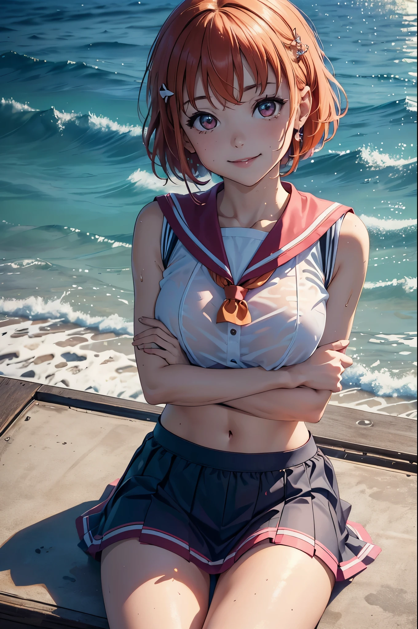 (best quality,4k,8k,highres,masterpiece:1.2), ultra-detailed, on knees, sitting, pink eyes, short orange hair,takami chika, sailor top, school skirt, midriff,  slightly excited and smile, sleeveless, thighs, cowboy shot, hair ornament, random pose,sea in background,wet clothes, (transparent disappearing clothes)
