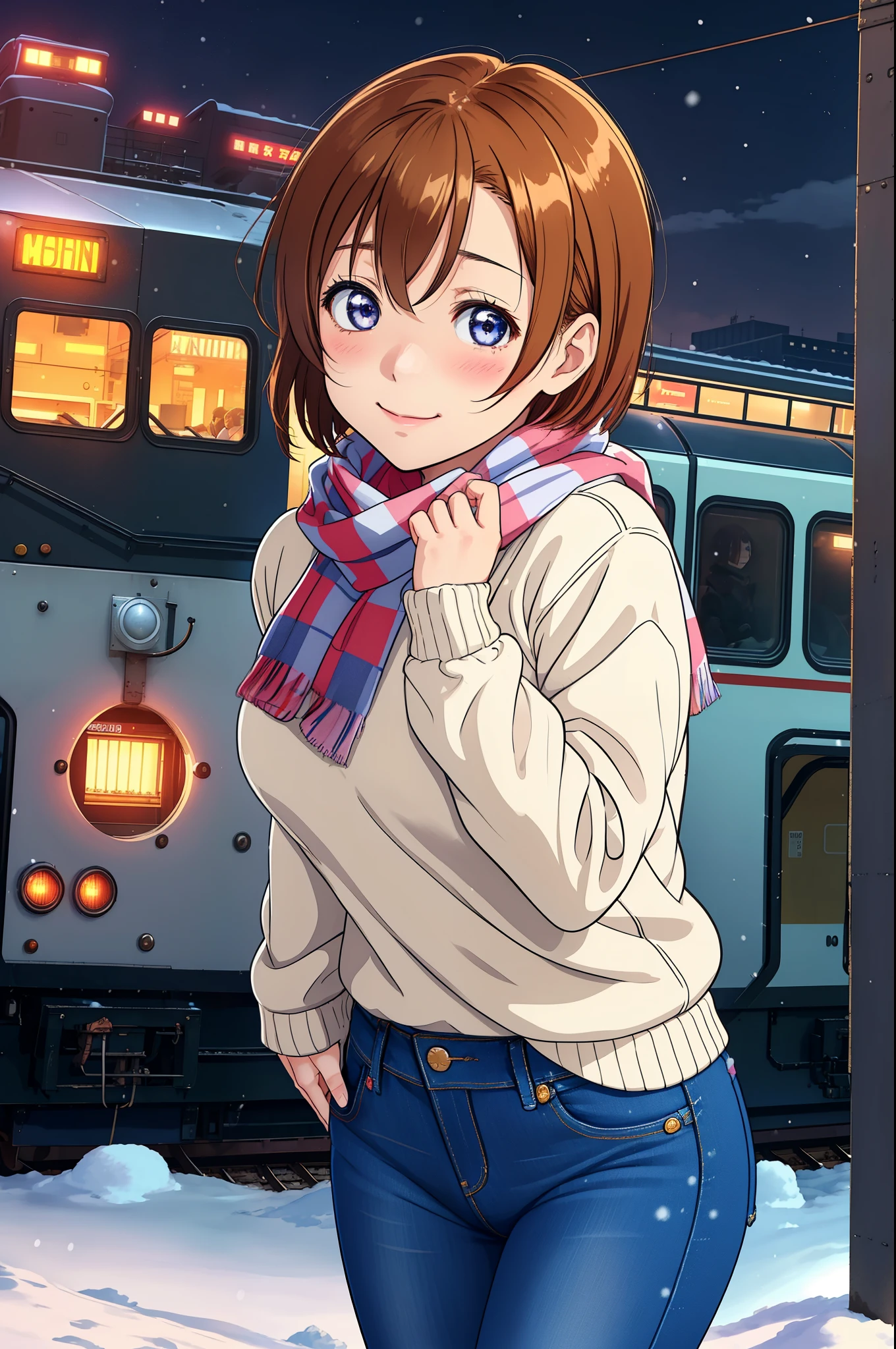 Masterpiece, best quality,Kousaka honoka, facing viewer, looking at viewer from side,night, train station, very tight jeans pants,sweater , praying, short hair, hair ornament, standing , yearning, Blushing, scarf ,cowboy shot,sad smile, snow