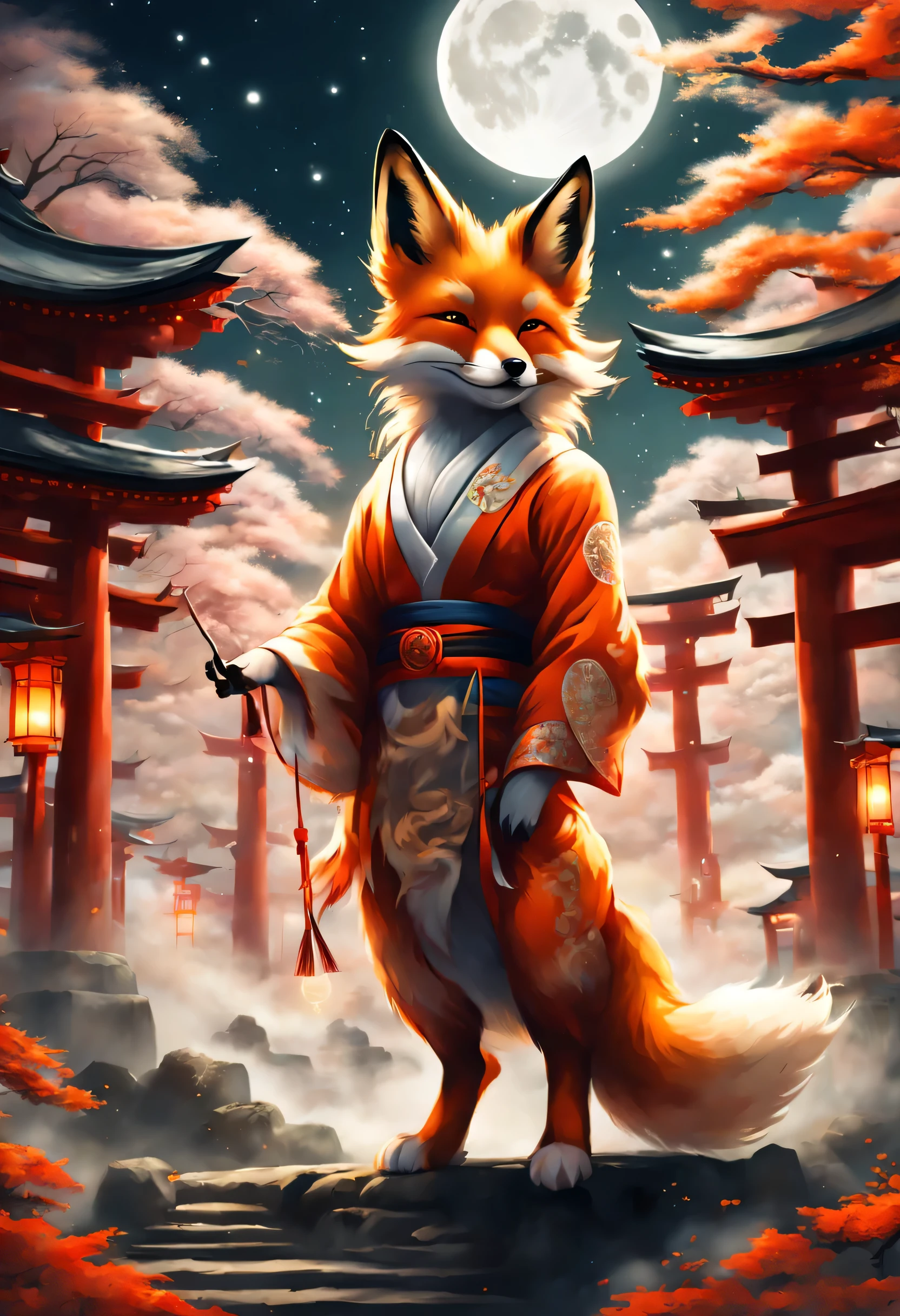 Magical creatures, Fox, magical Fox, (Fox with magical aura and white smoke), In front of the shrine torii gate, full moon in the background, (masterpiece), (highest quality), (Ultra high detail)