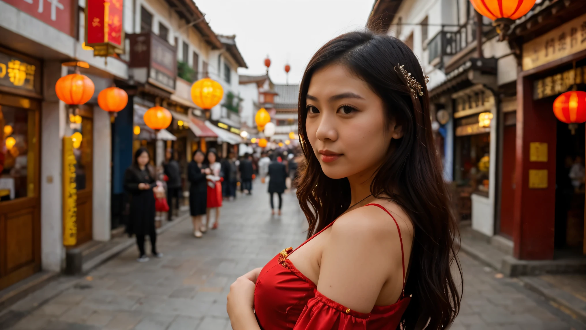 Midshot of beautiful Asian woman, red dress, celebrating Imlek, traditional dress from China, highly details, sharp, lampion ornament, red ornamental lampion in China town as background, masterpiece, high-end camera settings, horizontal view, good composition, profesional photography, 16K, bright color, rgb, warm