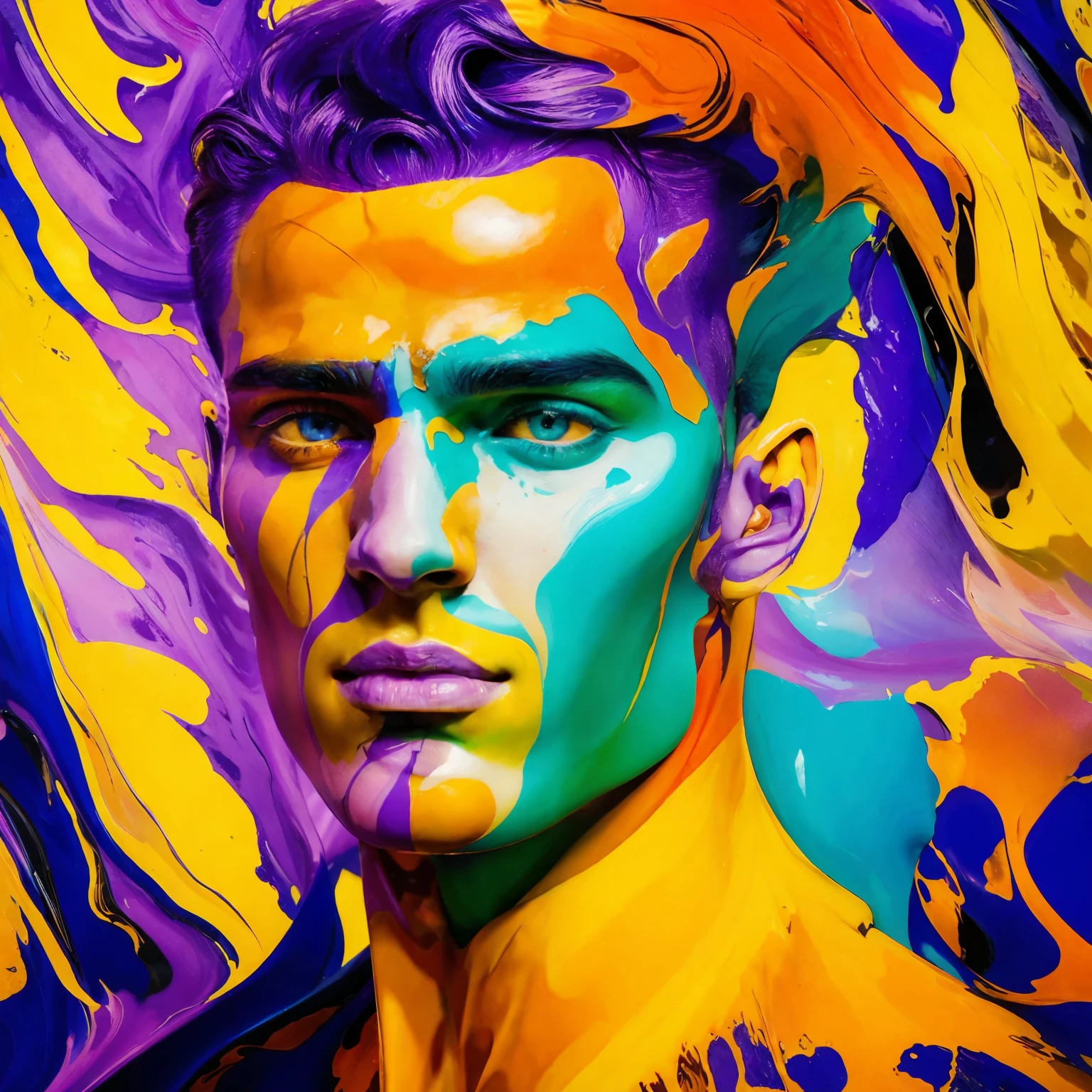 In a graffiti street art style, soft brushstrokes and splatters converge on a white wall, bringing to life a striking portrait of a handsome man gazing forward. The artist's technique combines fluid brushwork with bold colors, reminiscent of the captivating works of Eduardo Kobra. The use of gentle brushstrokes adds a sense of depth and dimension to the artwork, capturing the man's strong features and enigmatic expression. The composition draws attention to his confident gaze, evoking a sense of intrigue and allure. The artwork stands as a powerful representation of urban masculinity, inviting viewers to contemplate the complex nature of identity and human connection.