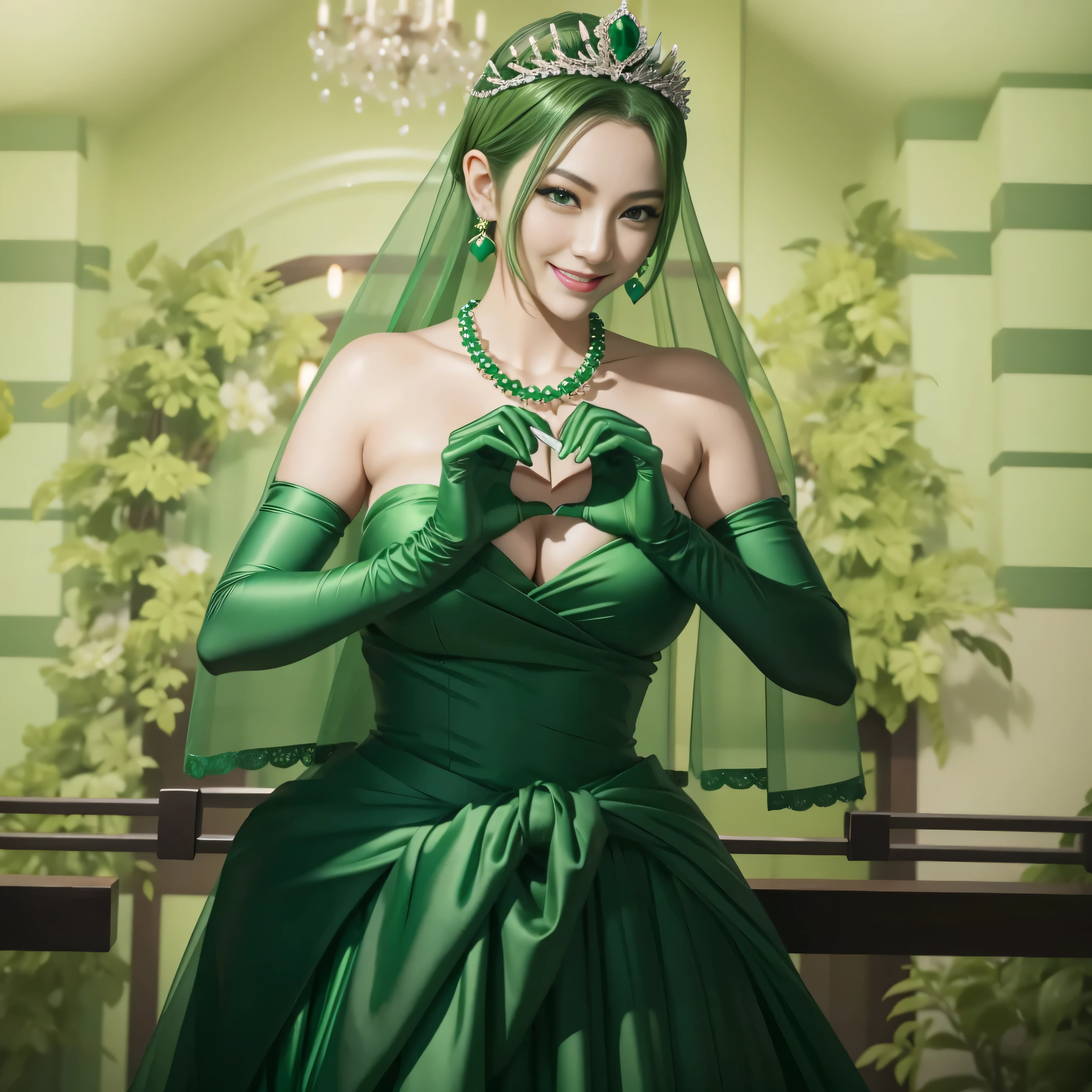 emerald tiara, green pearl necklace, ボーイッシュな非常に短いgreen hair, lipstick, smiling Japanese woman, very short hair, Beauty with large breasts, green eyes, Long Green Satin Gloves, green eyes, emerald earrings, green veil, heart with both hands, green hair, beautiful japanese woman, heart shaped hand:1.3
