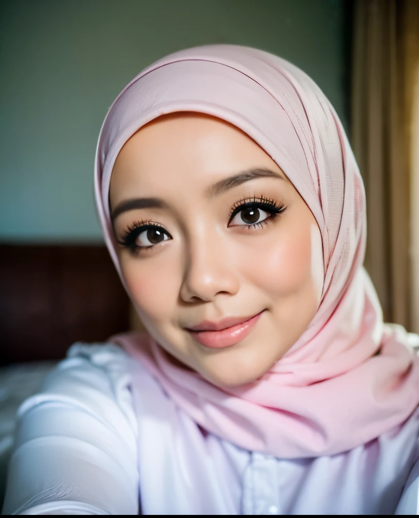 matured malay woman in hijab wear pink satin bra and panties sleeping in bed portrait photography, lying in bed naked, mid shot photo, ultra detail, professional photograph with professional lighting, smile, light blue bed, bedroom, sexy seducing sleep pose, slim,