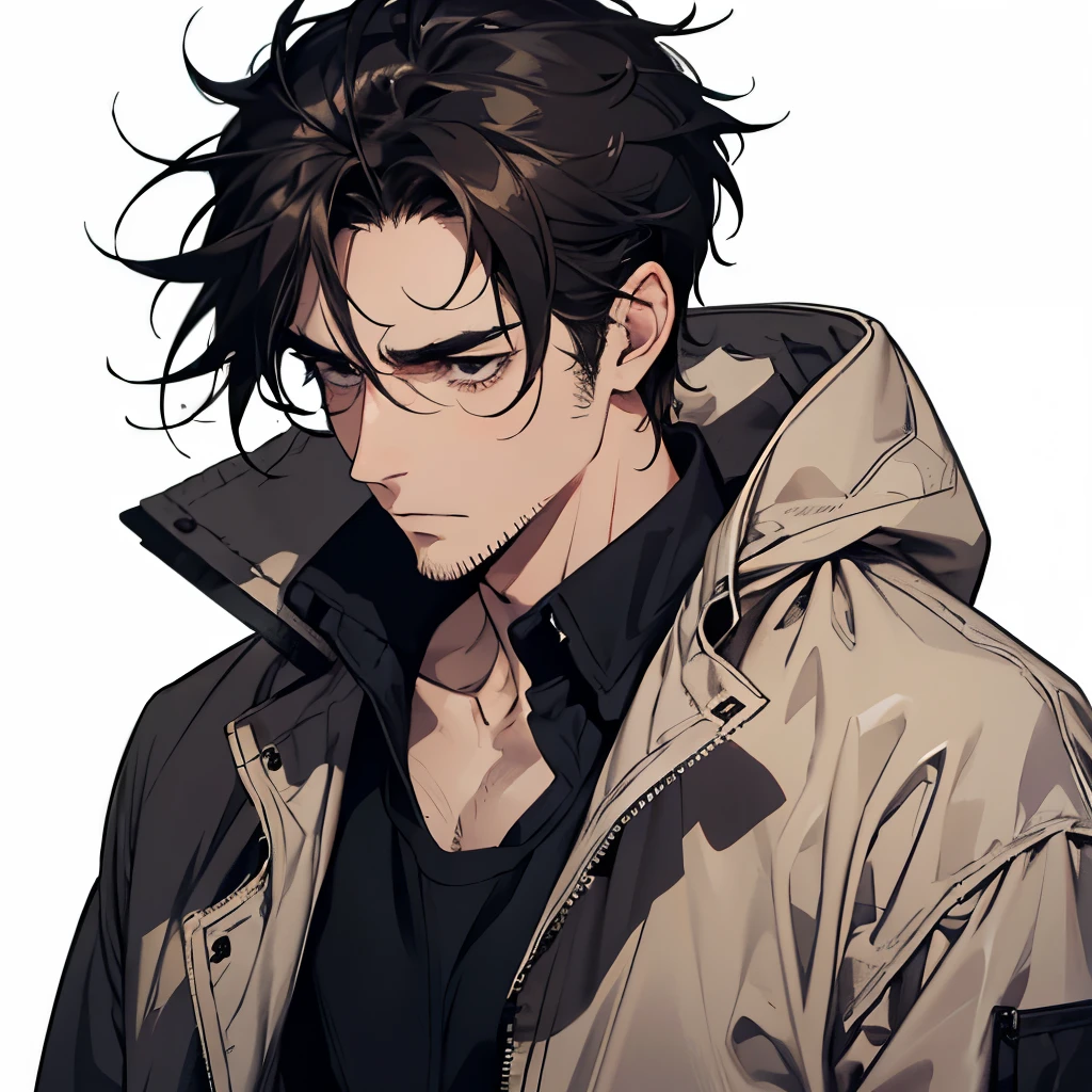 A man, unkempt, tired, haggard, stubble,bags under the eyes, untidy, disheveled, black hair, stubble, pale, sick, white background, brown jacket, messy, sad, depressed 