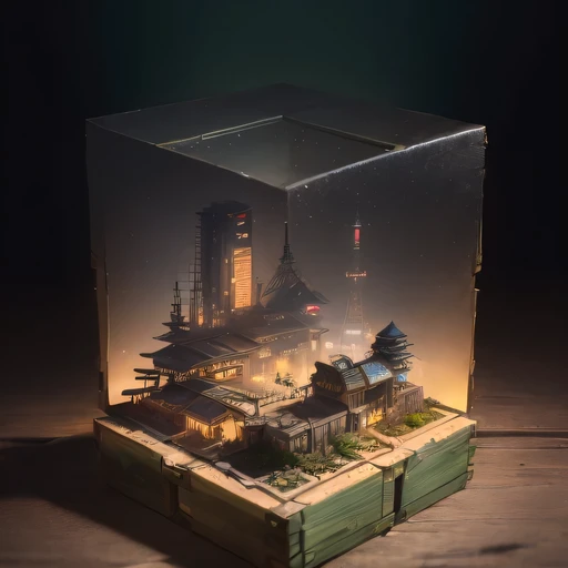 small realistic model, (bifurcation, original photo, best quality, masterpiece:1.4),SteampunkCyberpunk6920 City,(Cyberpunk light:1.3),on the Mars,horizon (related to land),(in a small nature box:1.3),Isometric, small nature, landscape on foundation,landscape,