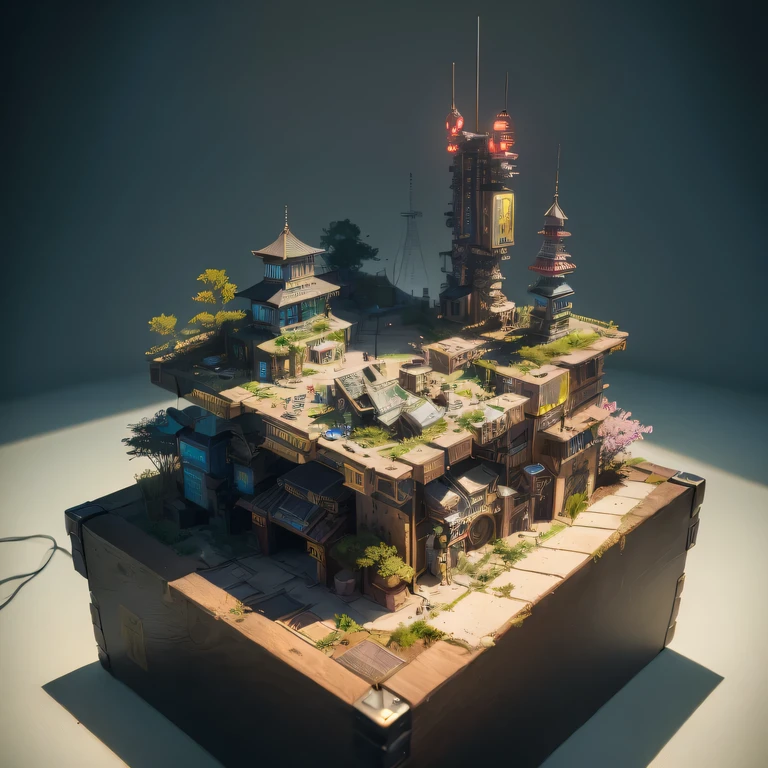 small realistic model, (bifurcation, original photo, best quality, masterpiece:1.4),SteampunkCyberpunk6920 City,(Cyberpunk light:1.3),on the Mars,horizon (related to land),(in a small nature box:1.3),Isometric, small nature, landscape on foundation,landscape,