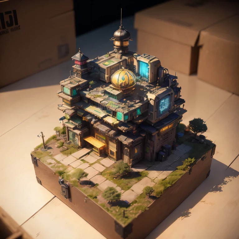 small realistic model, (bifurcation, original photo, best quality, masterpiece:1.4),SteampunkCyberpunk6920 City,(Cyberpunk light:1.3),on the Mars,horizon (related to land),(in a small nature box:1.3),Isometric, small nature, landscape on foundation,landscape,