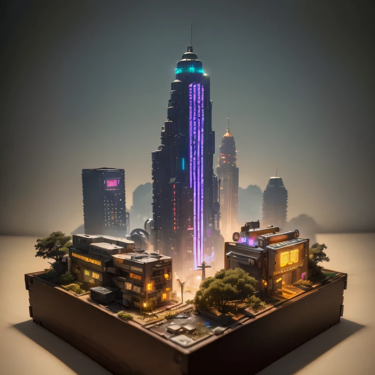 small realistic model, (bifurcation, original photo, best quality, masterpiece:1.4),SteampunkCyberpunk6920 City,(Cyberpunk light:1.3),on the Mars,horizon (related to land),(in a small nature box:1.3),Isometric, small nature, landscape on foundation,landscape,