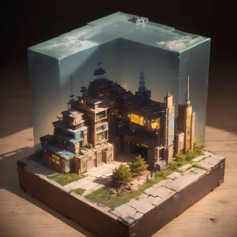 small realistic model, (bifurcation, original photo, best quality, masterpiece:1.4),SteampunkCyberpunk6920 City,(Cyberpunk light:1.3),on the Mars,horizon (related to land),(in a small nature box:1.3),Isometric, small nature, landscape on foundation,landscape,