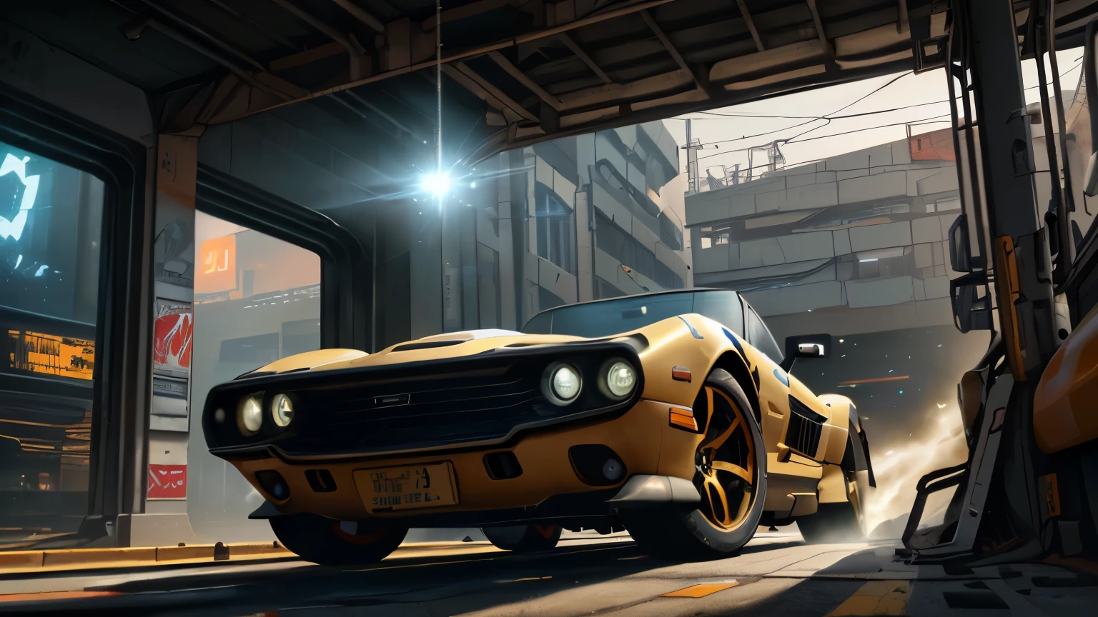 ((HD photo)), Masterpiece, highest quality, HDR, 8k, centre shot, a futuristic vehicle, gull_wing_doors, intricate details, in a Cyberpunk 2077 city, depth of field, lens flare, dust particles, exhaust fumes, sparks on wheels